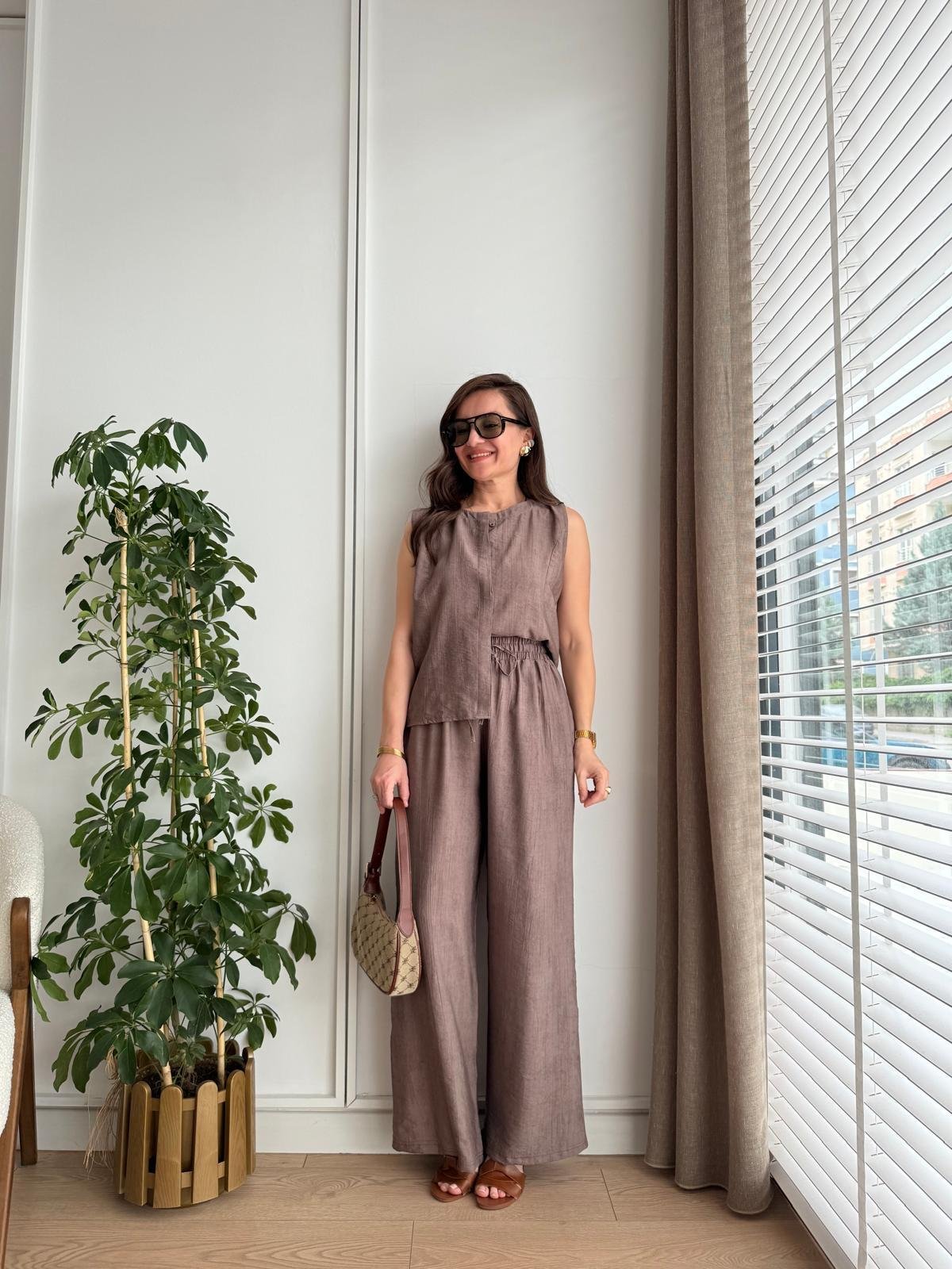 Kahve rengi Bambu Kumaş Düğmeli Bluz Pantolon Takım 505