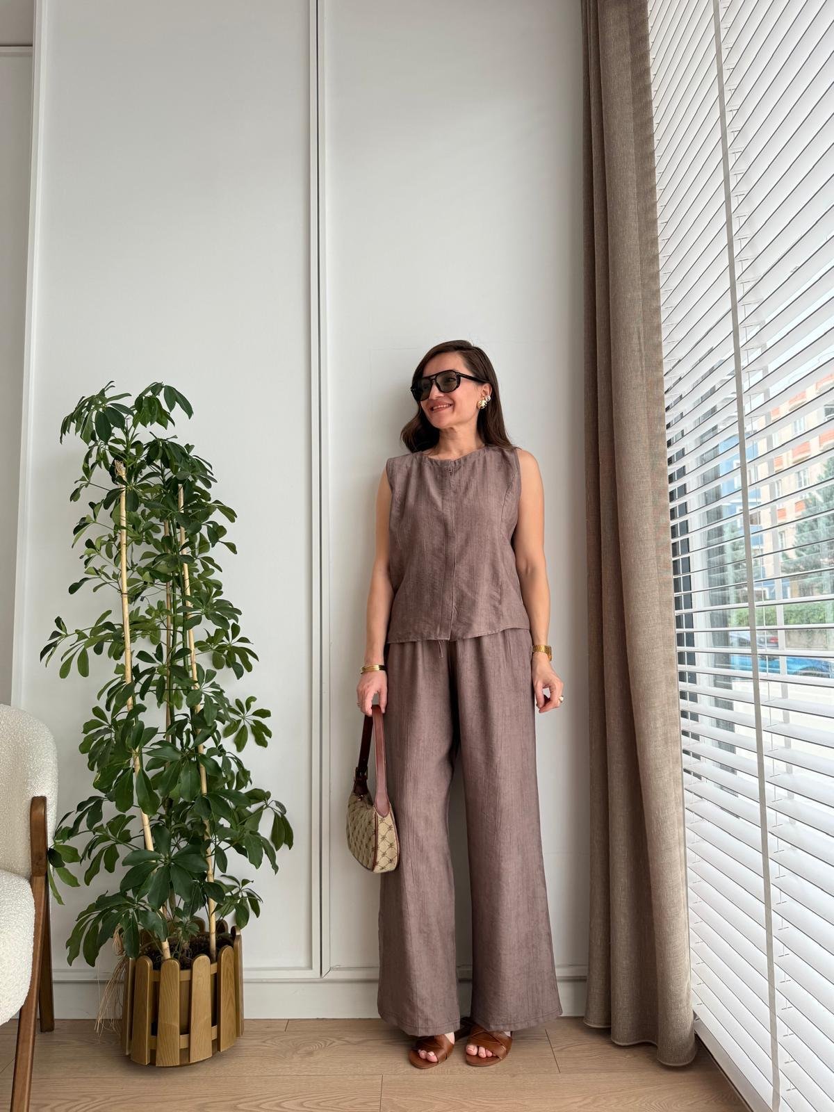 Kahve rengi Bambu Kumaş Düğmeli Bluz Pantolon Takım 505