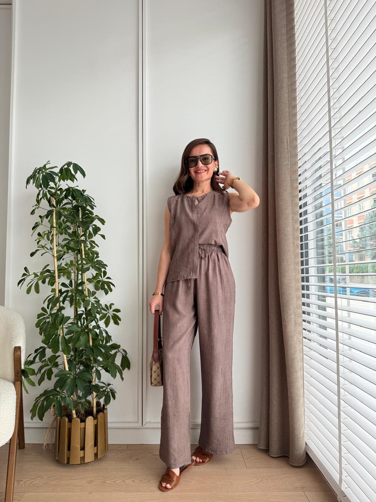 Kahve rengi Bambu Kumaş Düğmeli Bluz Pantolon Takım 505