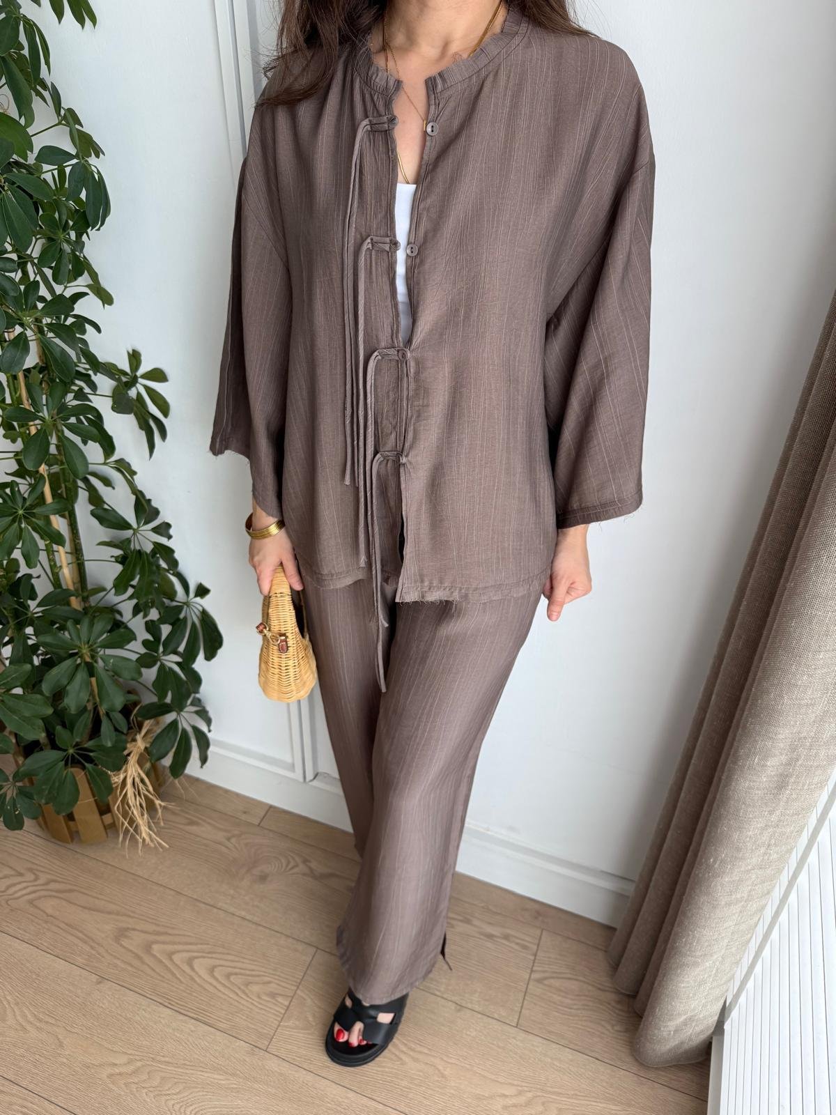 Kahve rengi Bambu Kumaş Paçası Yırtmaçlı Pantolon Kimono Takım 0614