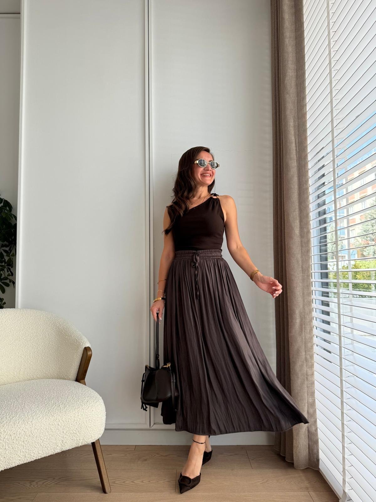 Kahve rengi Bel Bağlamalı Chruslı Midi Boy Etek 02947