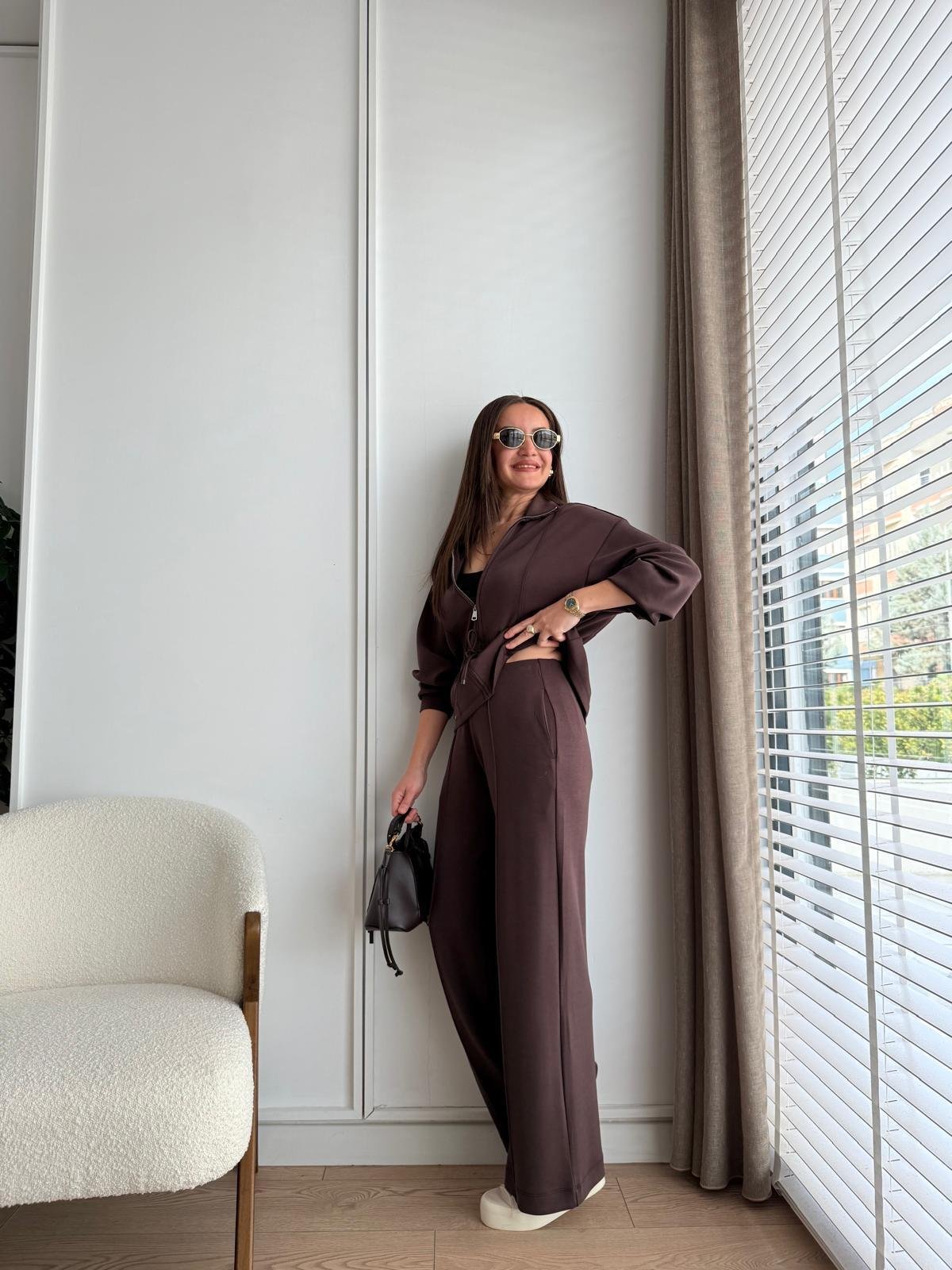Kahve rengi Bel Detaylı Fermuarlı Modal Takım 17113