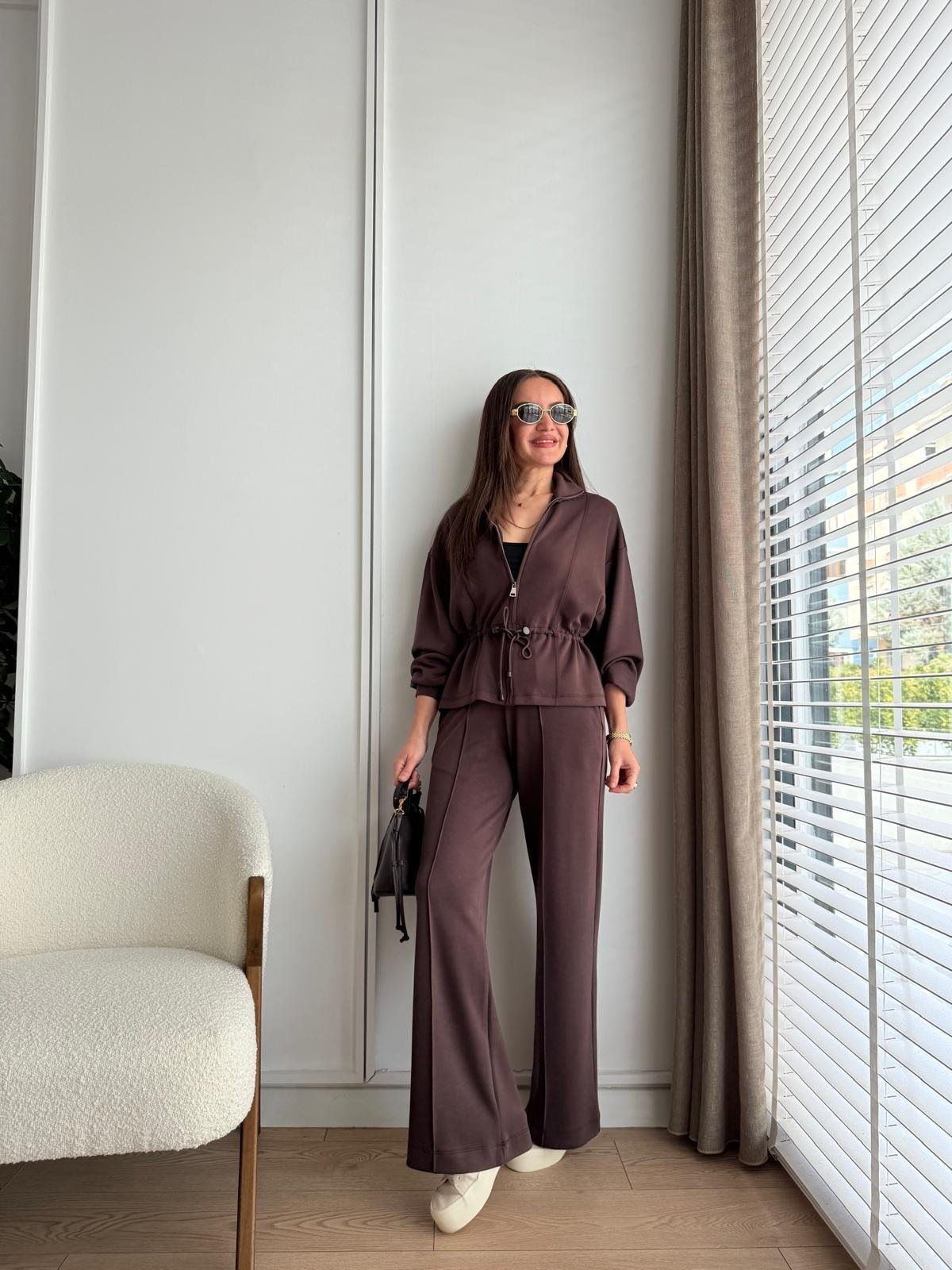 Kahve rengi Bel Detaylı Fermuarlı Modal Takım 17113