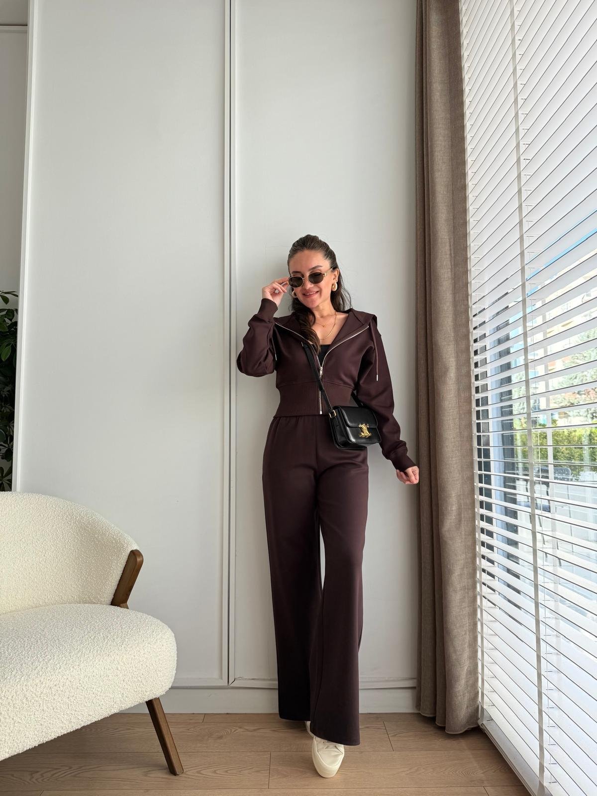 Kahve rengi Bel Detaylı Kapşonlu Geniş Paça Takım 17119