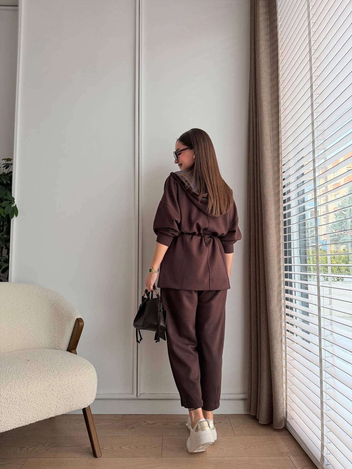 Kahve rengi Bel Detaylı Kapüşonlu Modal Takım 2651