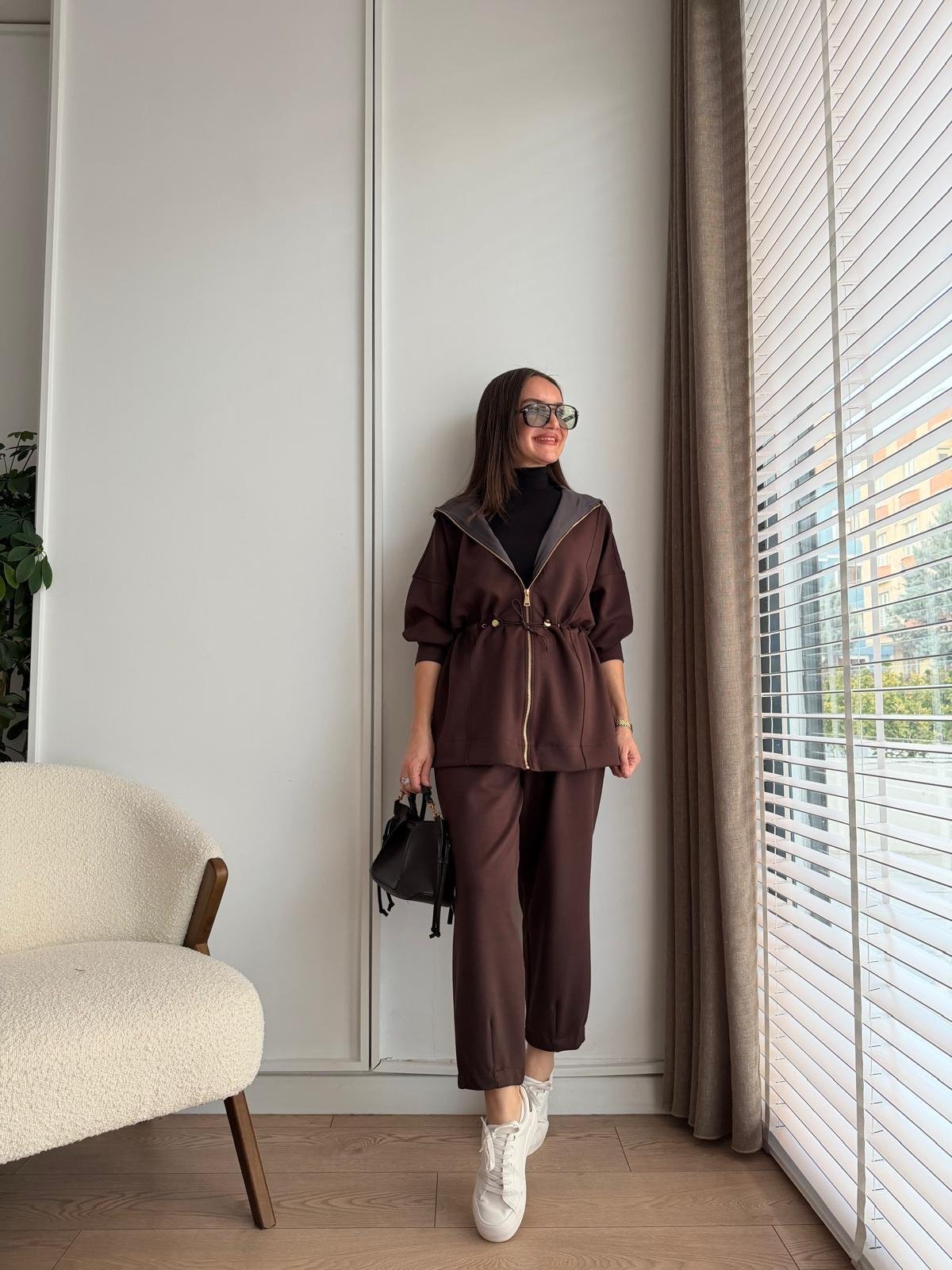 Kahve rengi Bel Detaylı Kapüşonlu Modal Takım 2651
