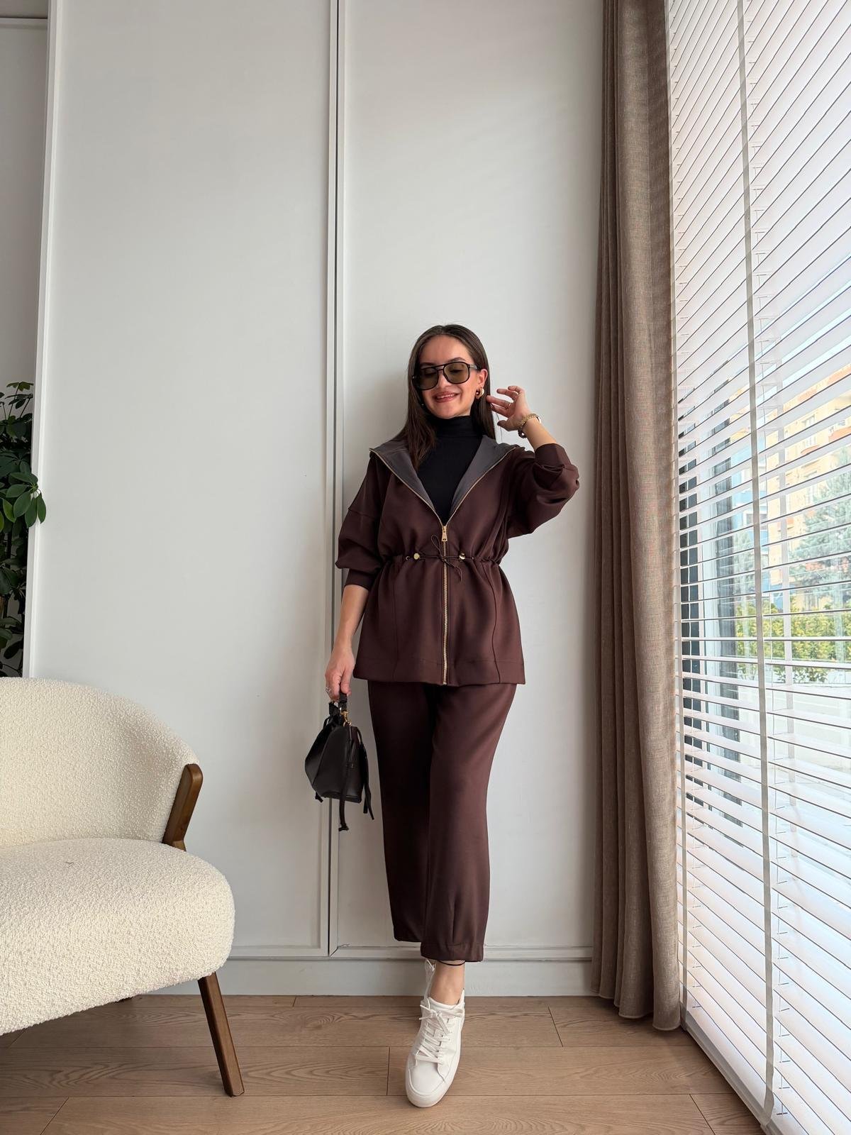 Kahve rengi Bel Detaylı Kapüşonlu Modal Takım 2651