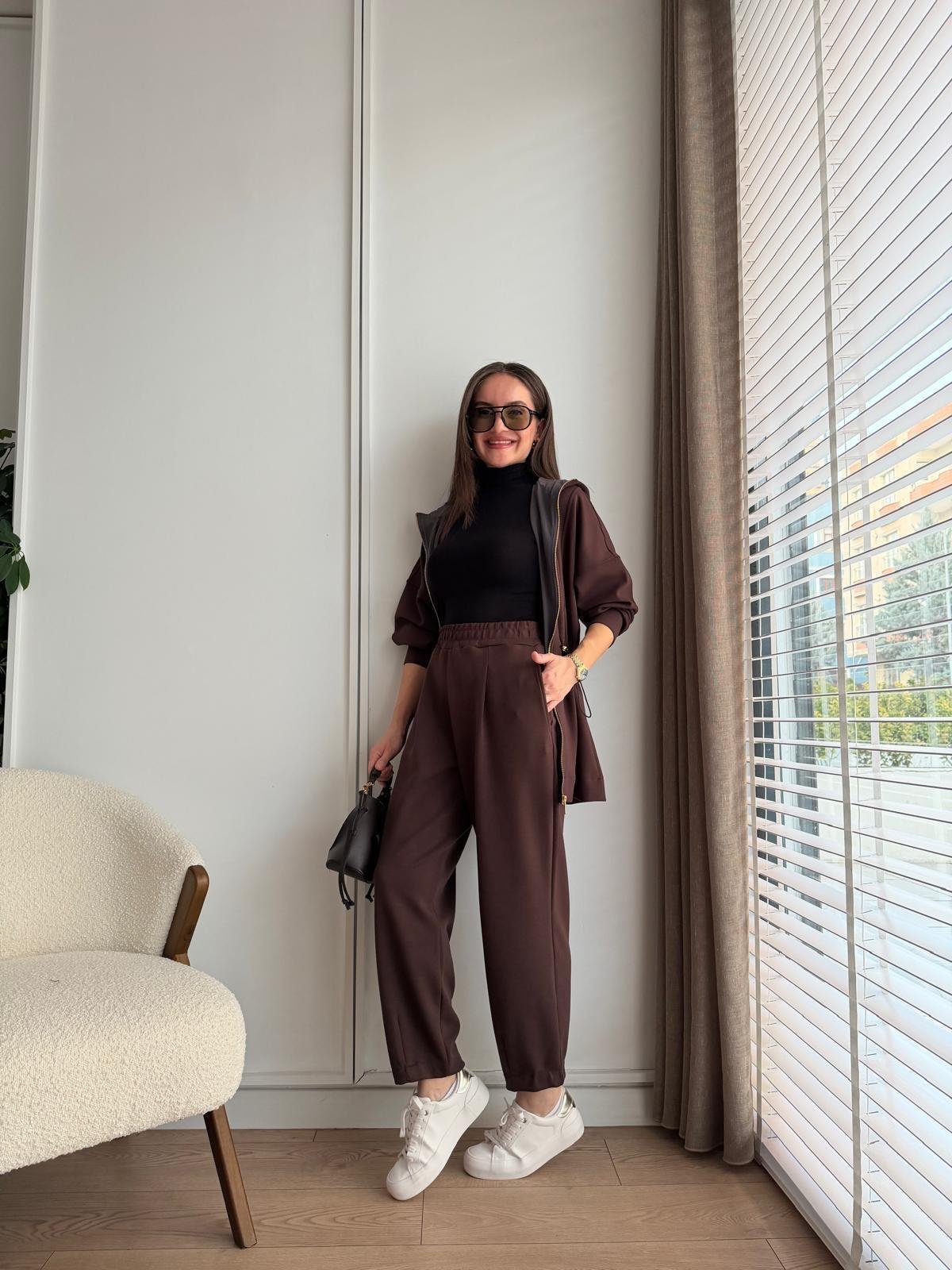 Kahve rengi Bel Detaylı Kapüşonlu Modal Takım 2651