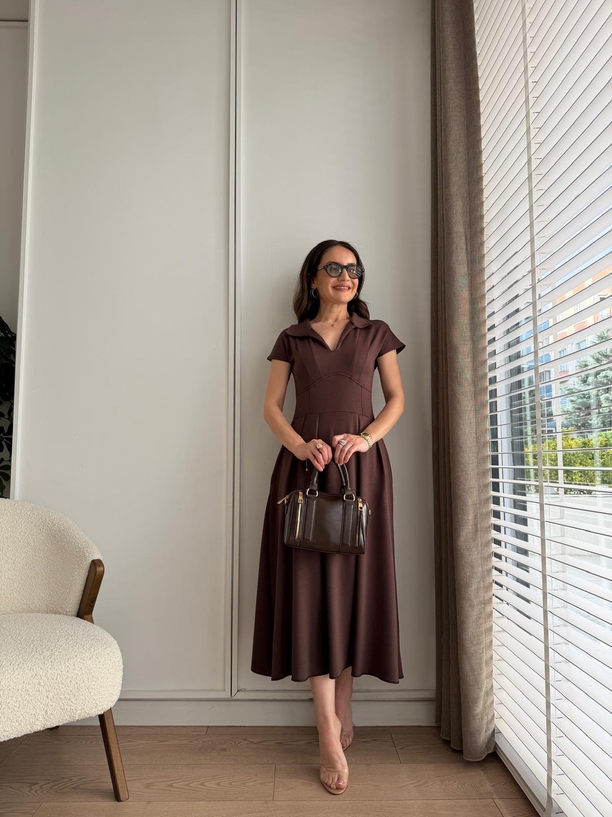Kahve rengi Bel Detaylı Polo Yaka Cepli Modal Elbise 4129