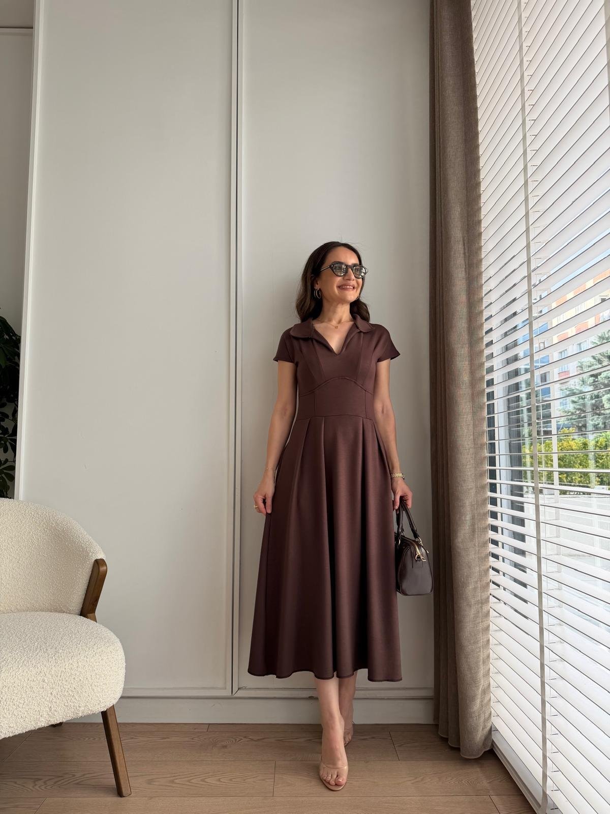 Kahve rengi Bel Detaylı Polo Yaka Cepli Modal Elbise 4129