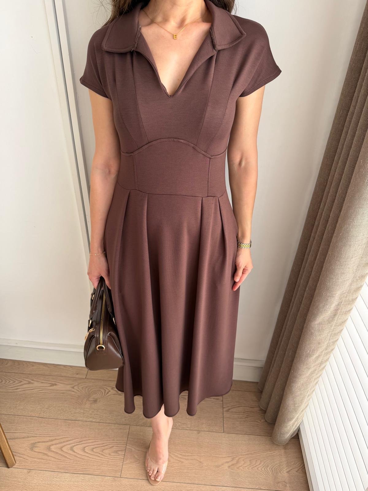 Kahve rengi Bel Detaylı Polo Yaka Cepli Modal Elbise 4129
