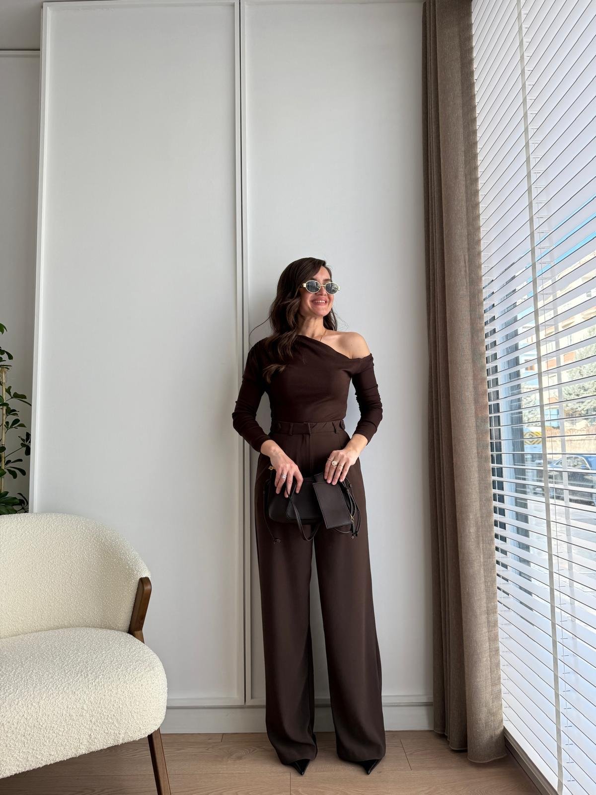 Kahve rengi Bel Detaylı Yüksek Bel Palazzo Pantolon 3686