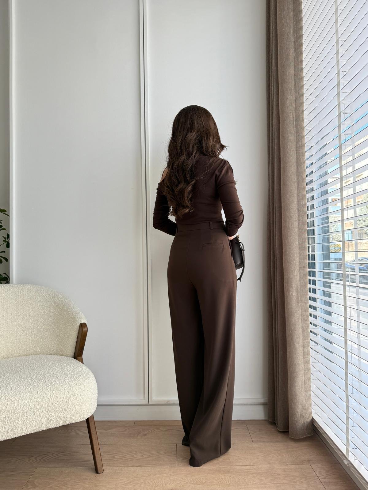 Kahve rengi Bel Detaylı Yüksek Bel Palazzo Pantolon 3686