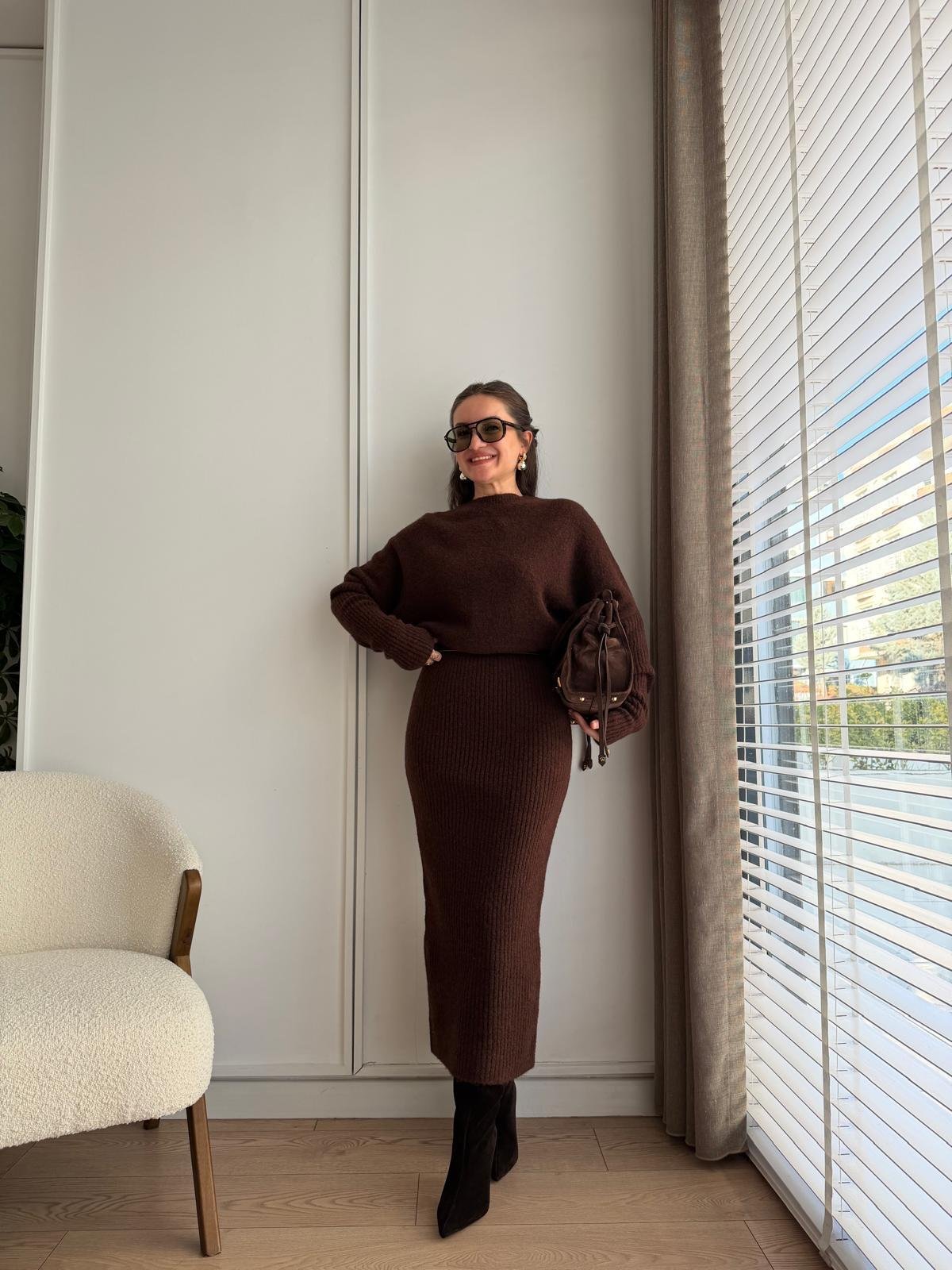 Kahve rengi Bel Detaylı Yumoş Triko Elbise 90260