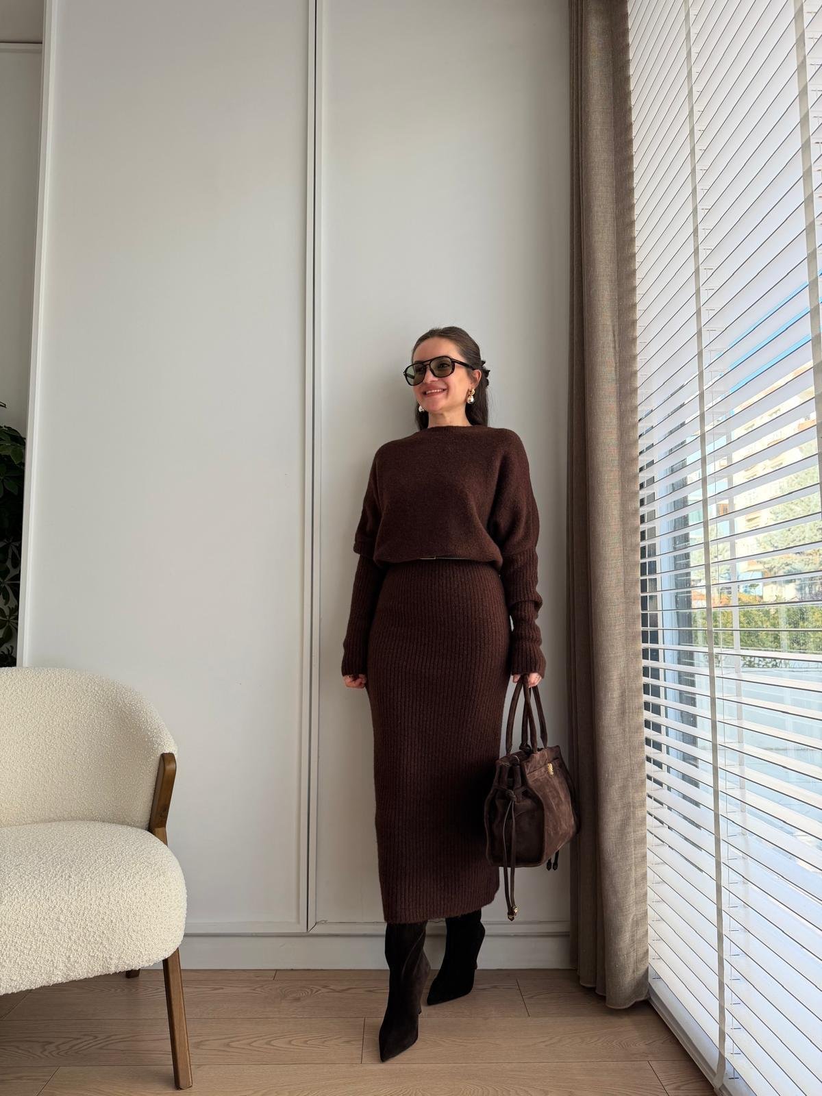 Kahve rengi Bel Detaylı Yumoş Triko Elbise 90260