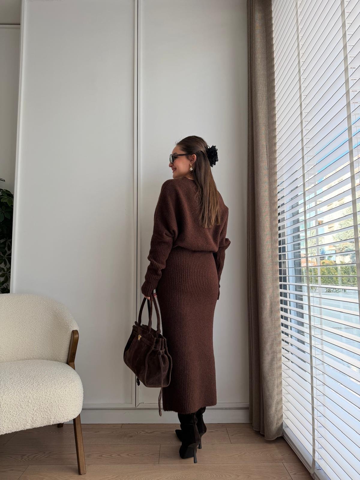 Kahve rengi Bel Detaylı Yumoş Triko Elbise 90260