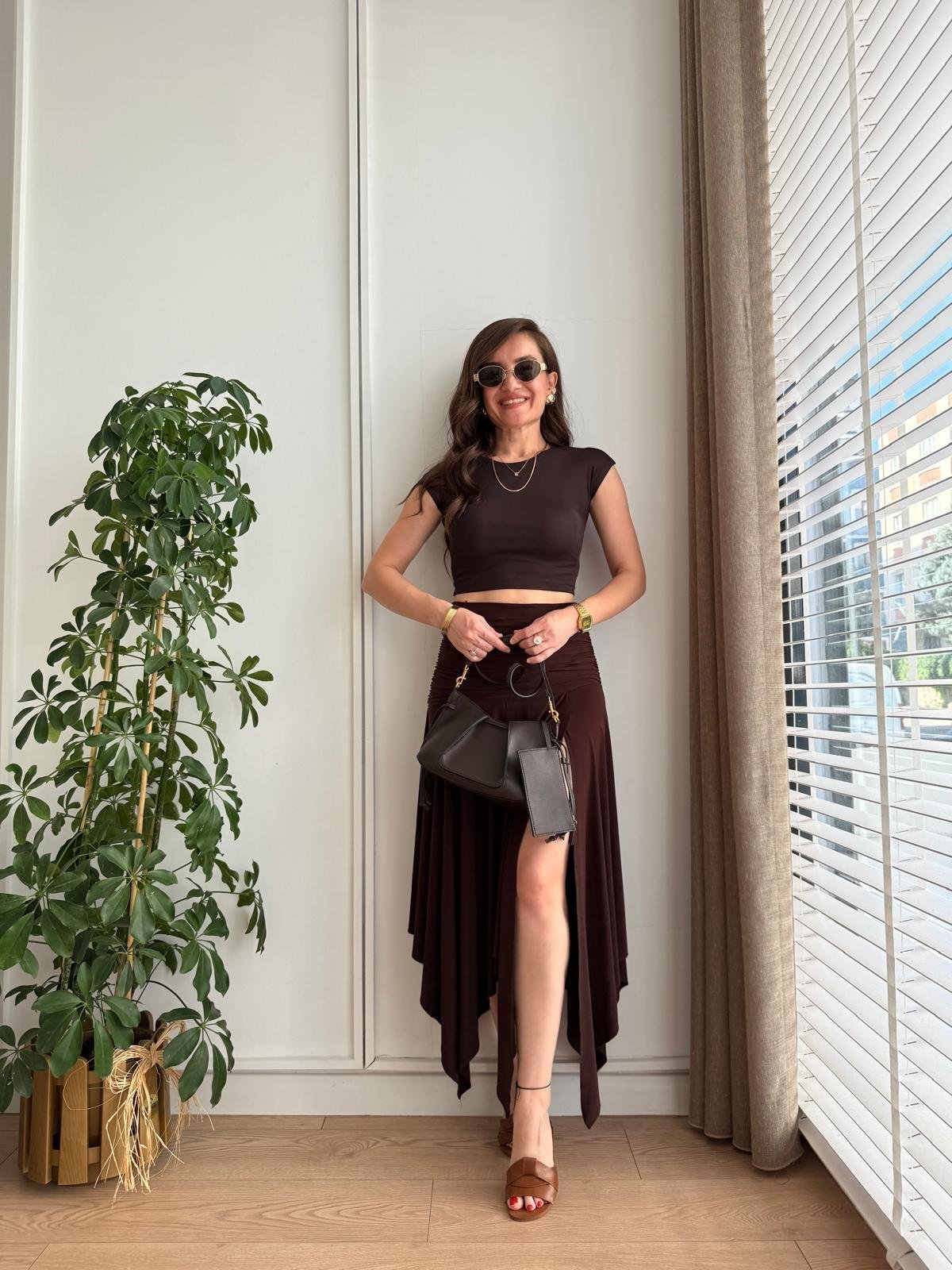Kahve rengi Bel Drape Detaylı Yırtmaçlı Etek 1138