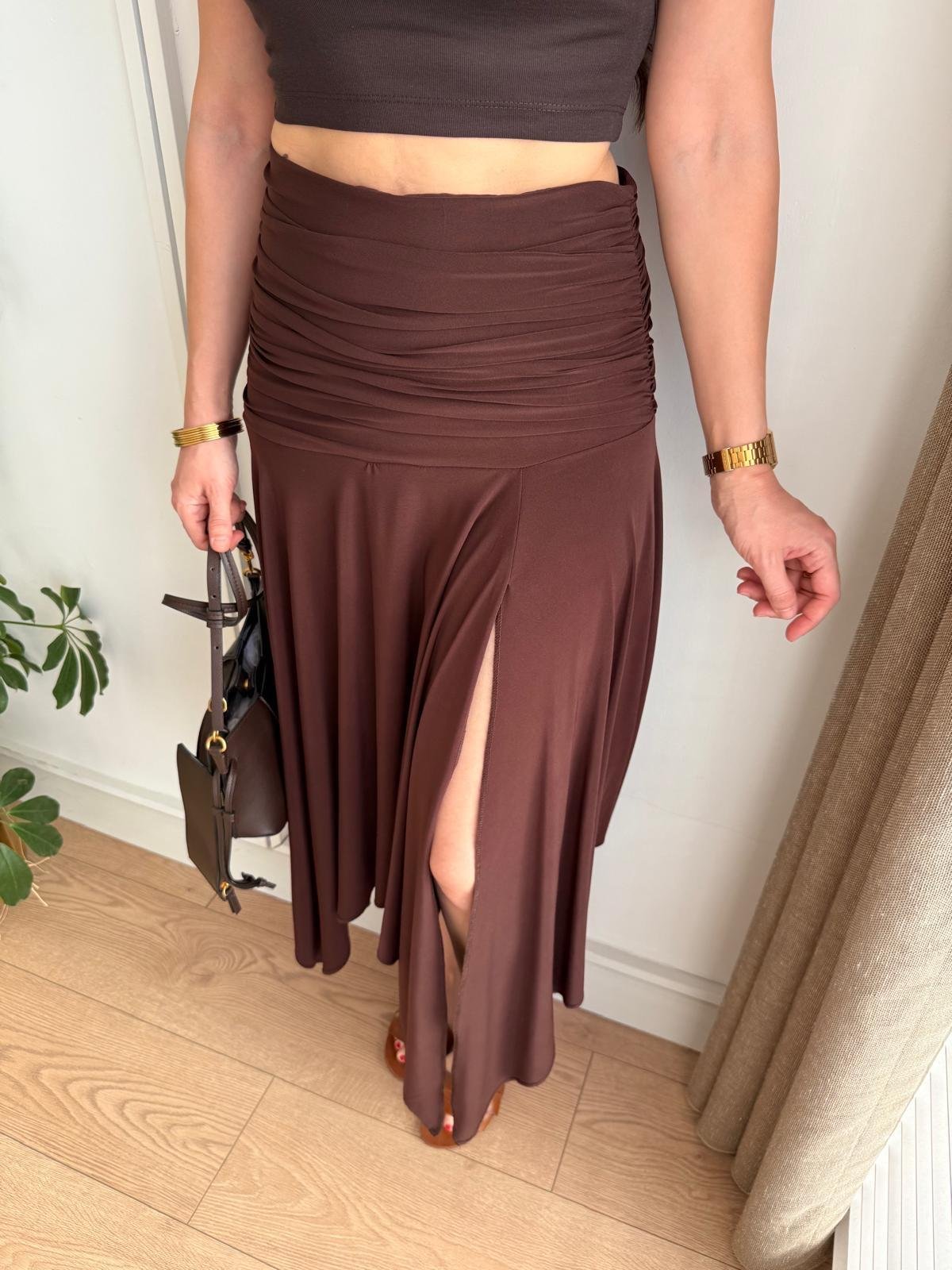 Kahve rengi Bel Drape Detaylı Yırtmaçlı Etek 1138
