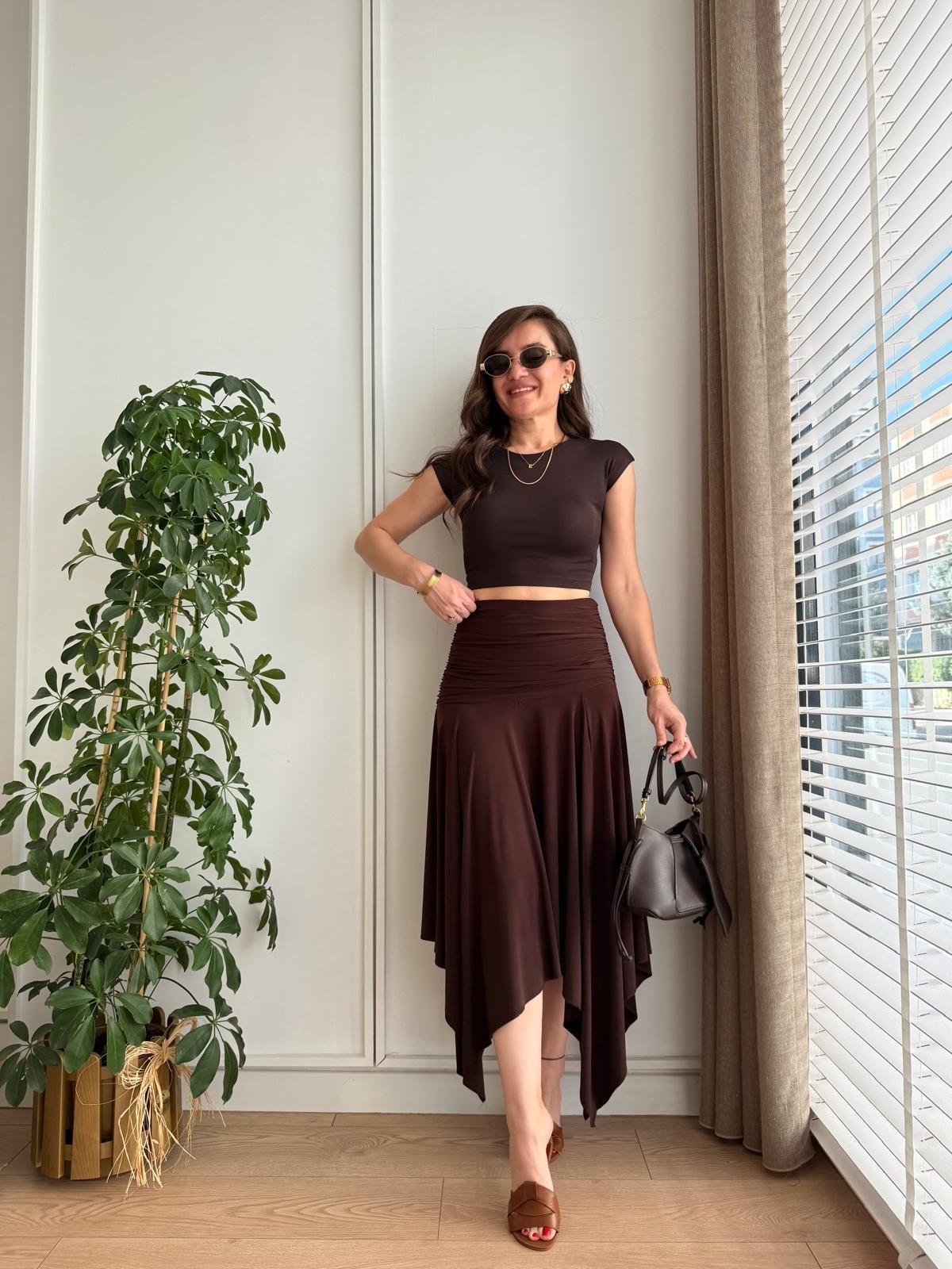 Kahve rengi Bel Drape Detaylı Yırtmaçlı Etek 1138