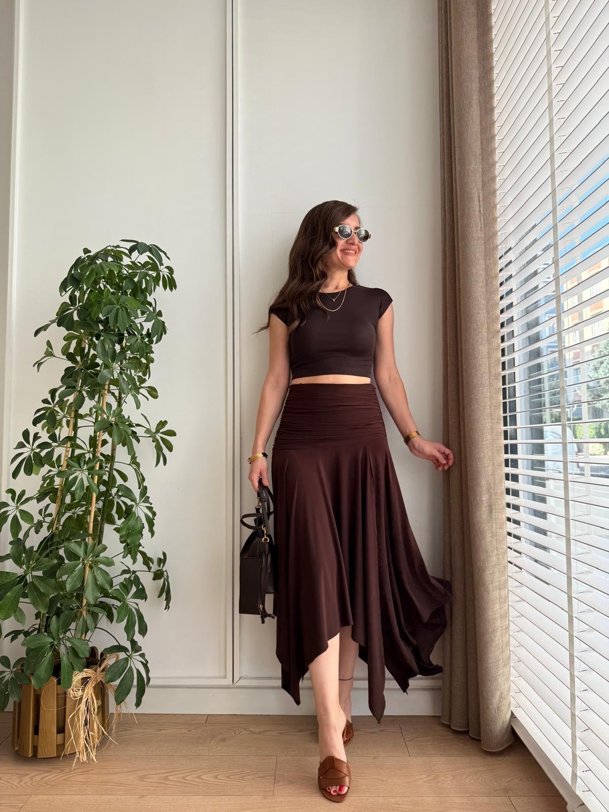 Kahve rengi Bel Drape Detaylı Yırtmaçlı Etek 1138