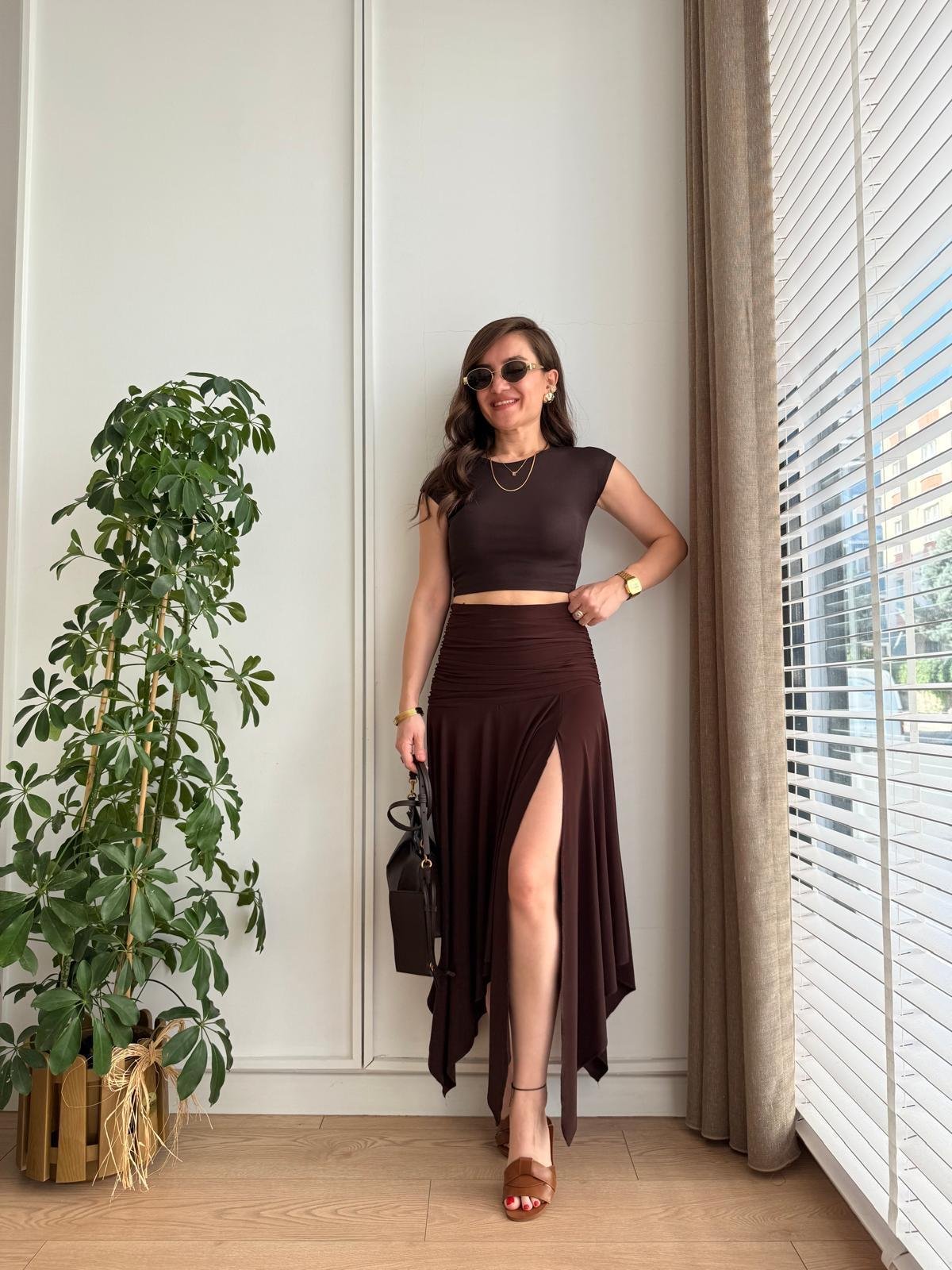 Kahve rengi Bel Drape Detaylı Yırtmaçlı Etek 1138