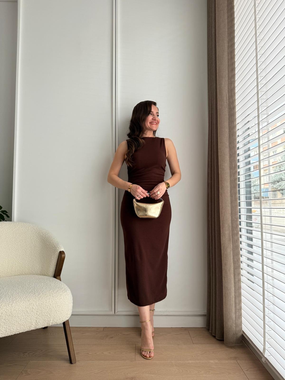 Kahve rengi Bel Drape Detaylı Yırtmaçlı Elbise 1216