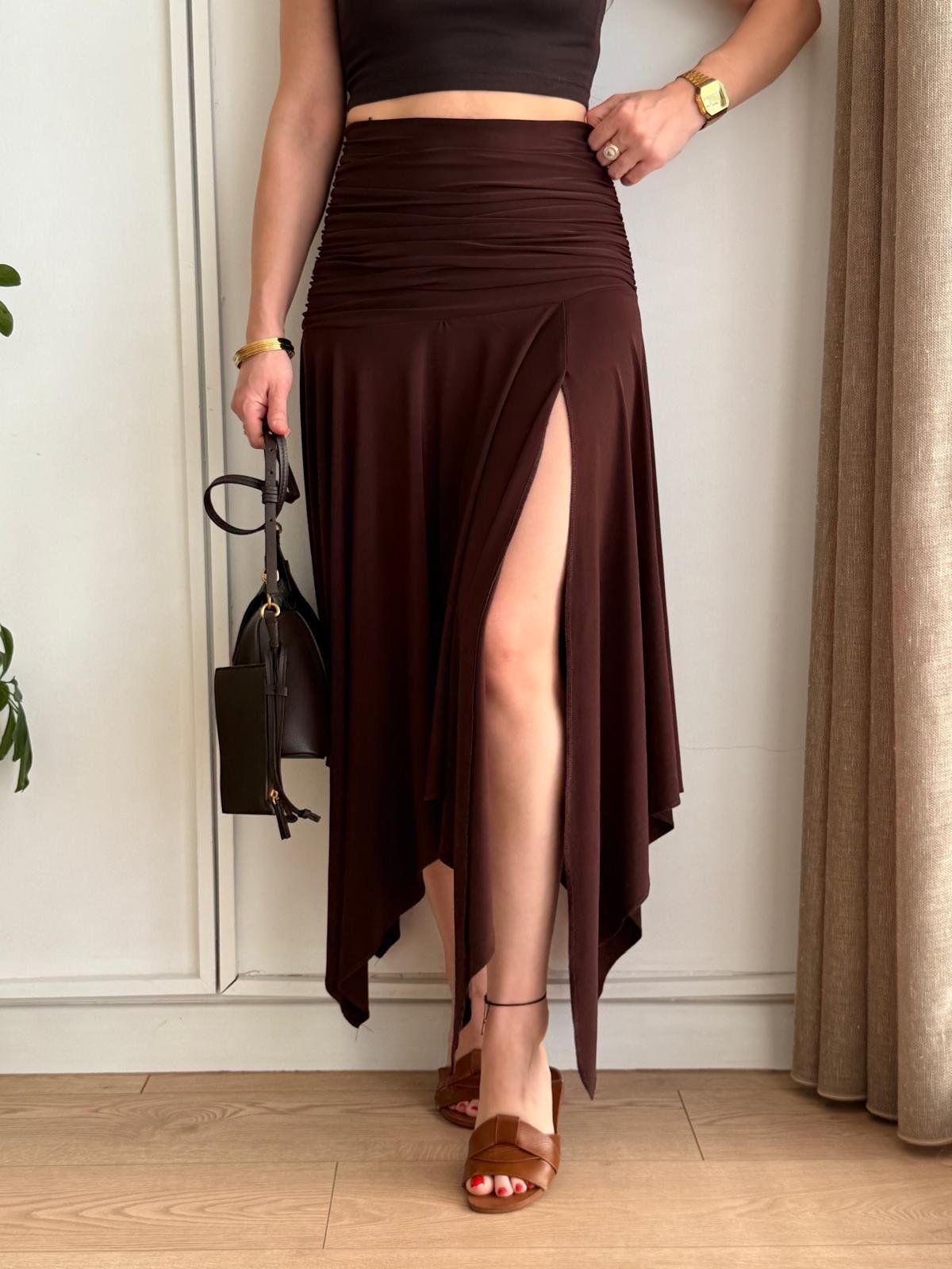 Kahve rengi Bel Drape Detaylı Yırtmaçlı Etek 1138