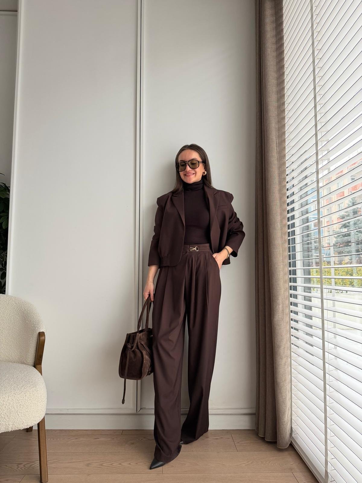 Kahve rengi Bel Lastikli Bomber Ceket Pantolon Takım 9689
