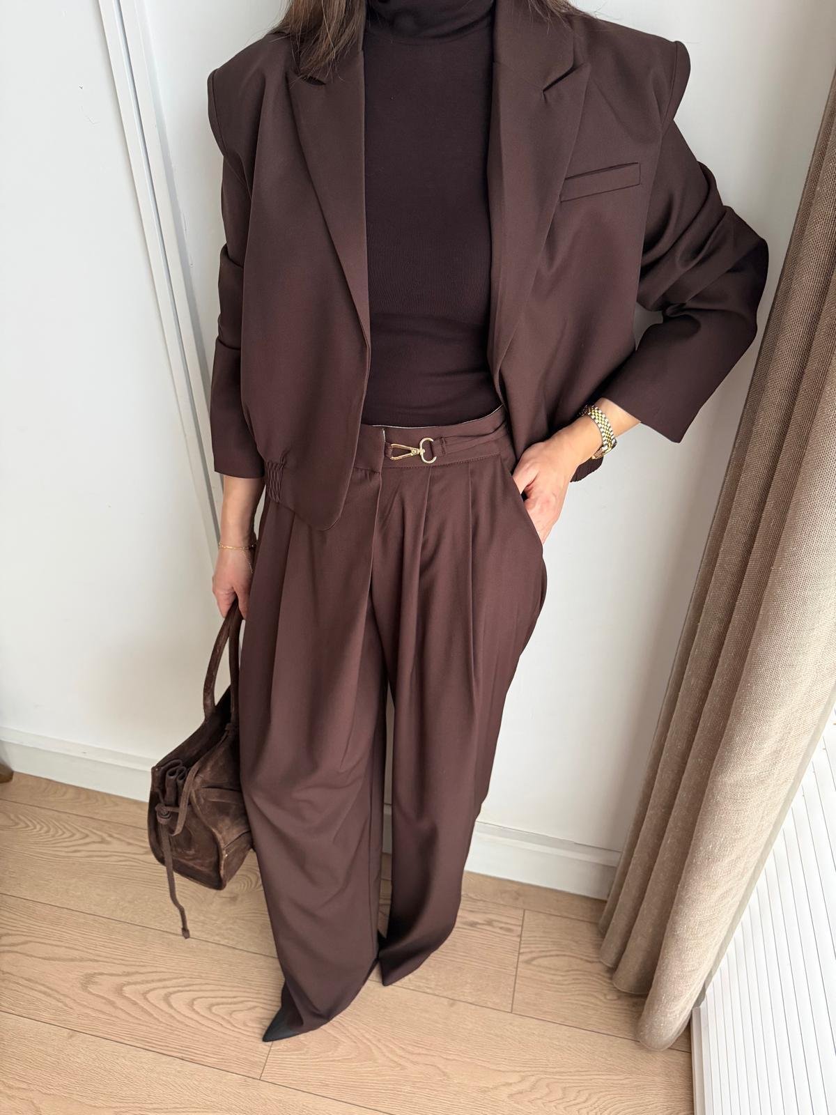 Kahve rengi Bel Lastikli Bomber Ceket Pantolon Takım 9689