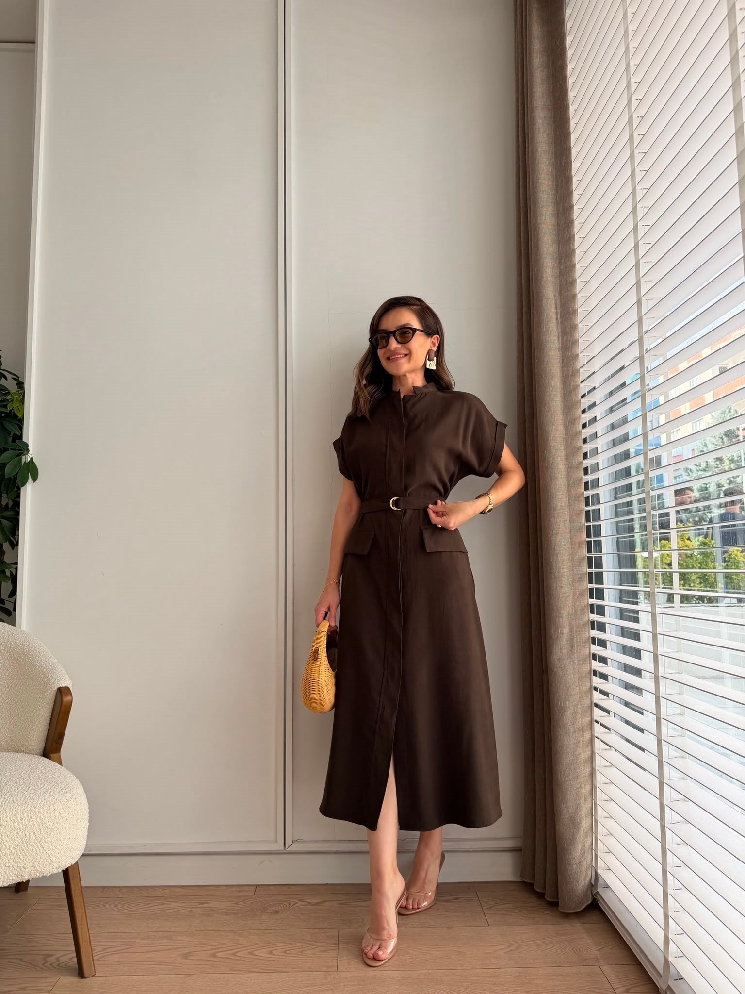 Kahve rengi Bel Lastikli Cep Detaylı Tensel Elbise 2427