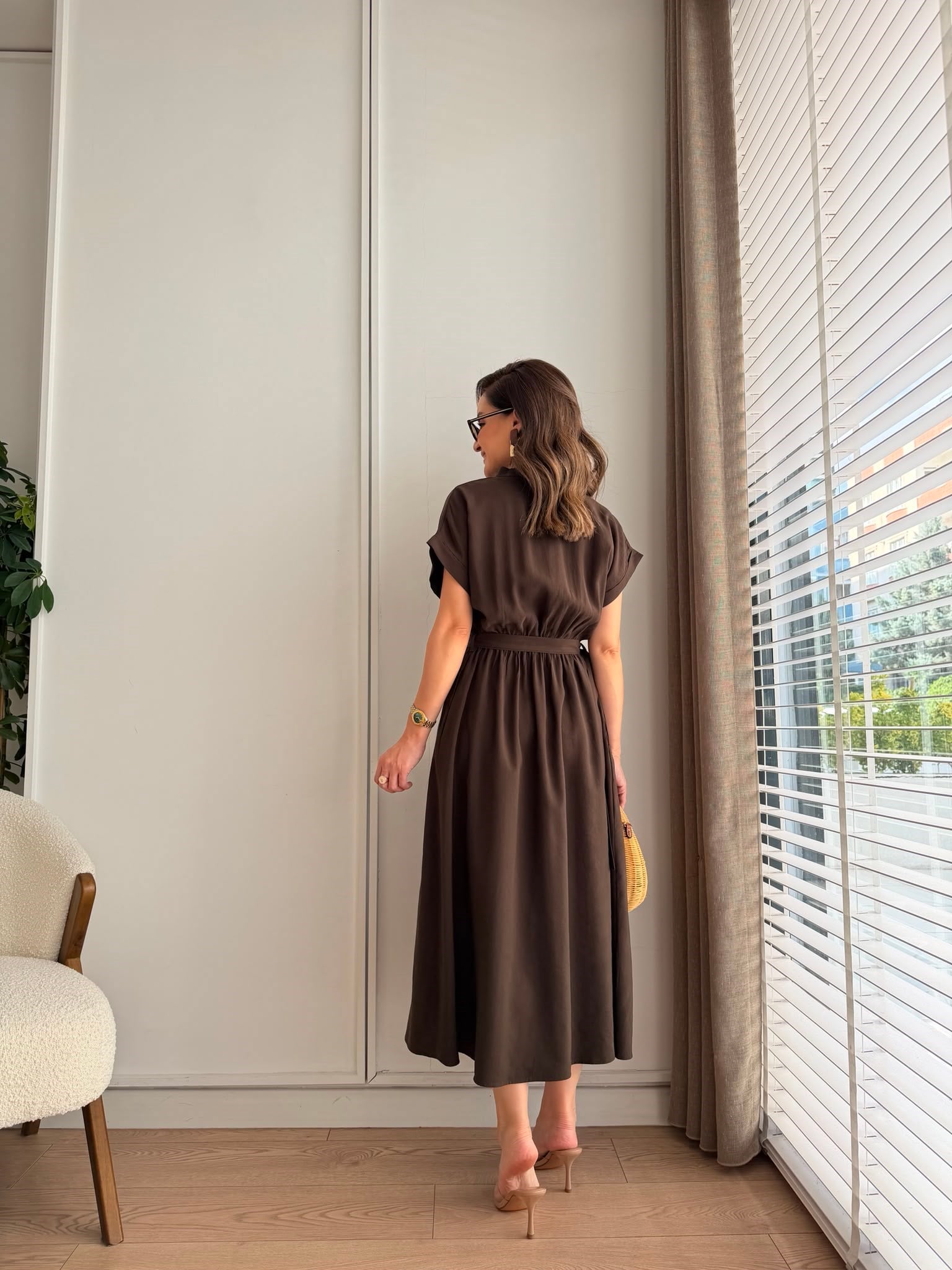 Kahve rengi Bel Lastikli Cep Detaylı Tensel Elbise 2427