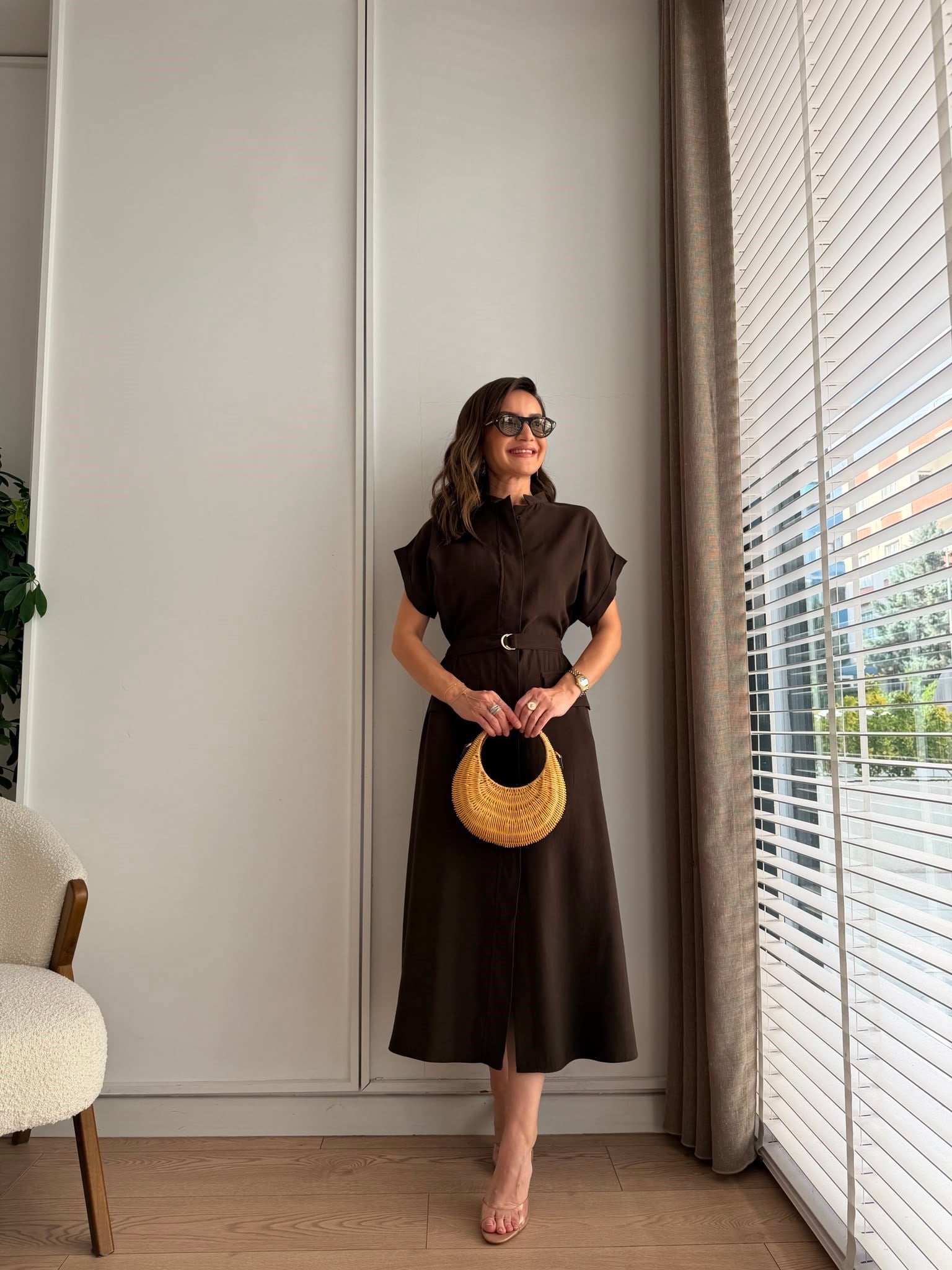 Kahve rengi Bel Lastikli Cep Detaylı Tensel Elbise 2427