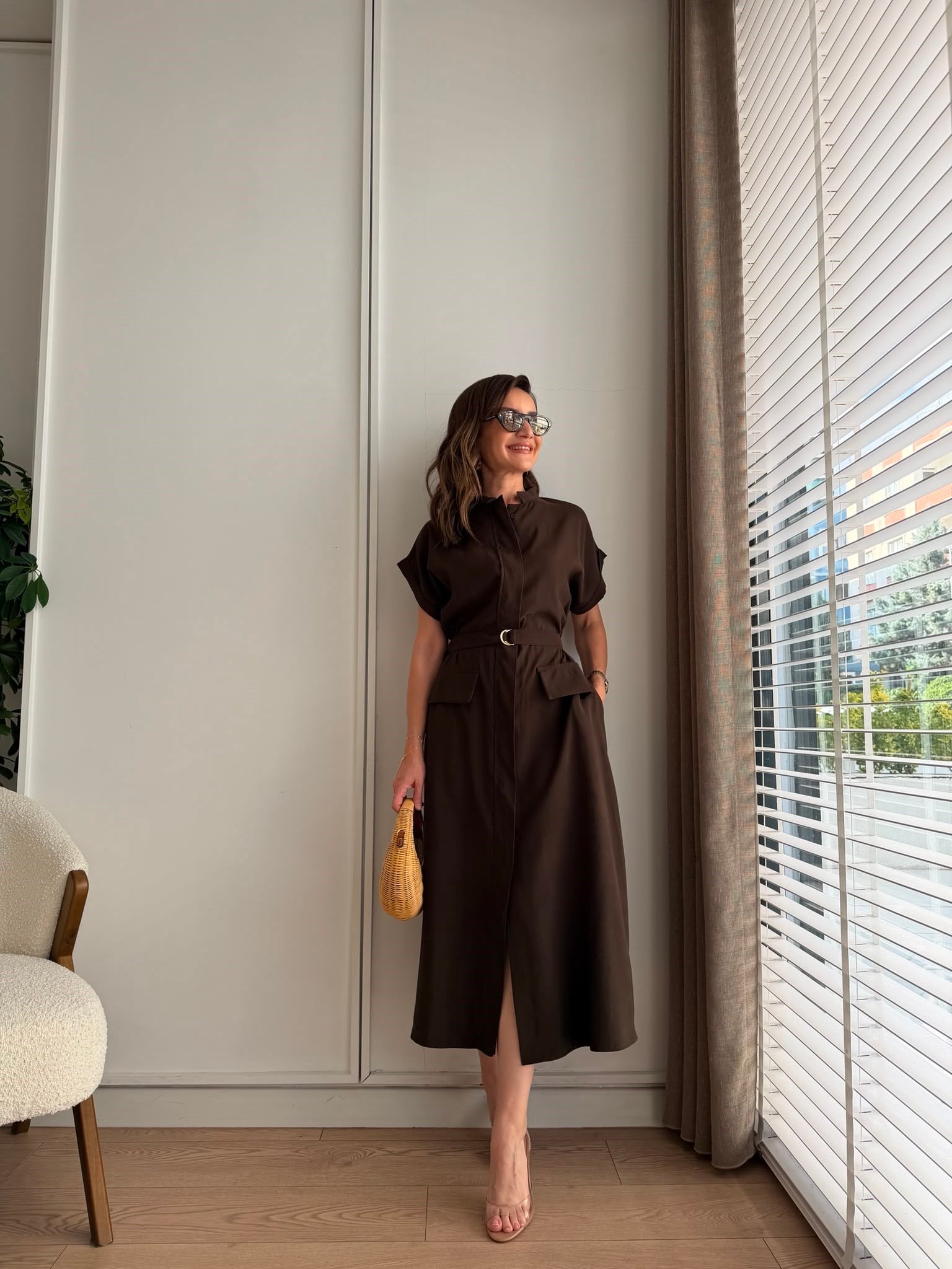 Kahve rengi Bel Lastikli Cep Detaylı Tensel Elbise 2427