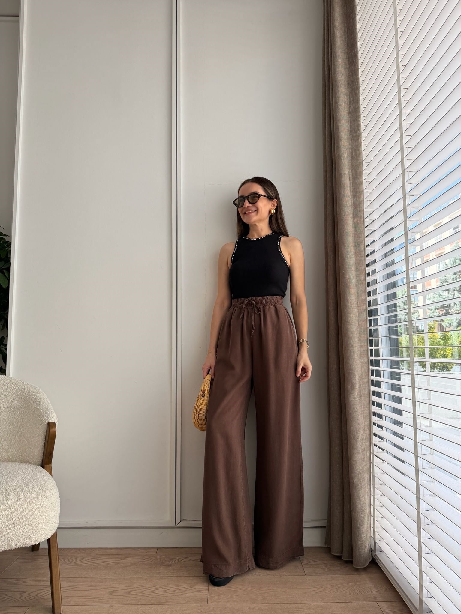 Kahve rengi Bel Lastikli Cepli Tensel Pantolon HS708