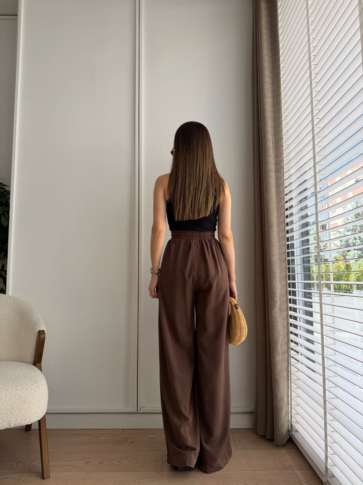 Kahve rengi Bel Lastikli Cepli Tensel Pantolon HS708