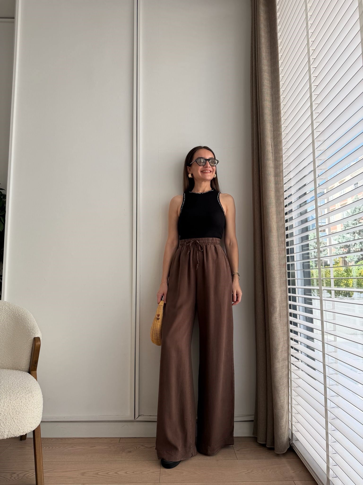 Kahve rengi Bel Lastikli Cepli Tensel Pantolon HS708