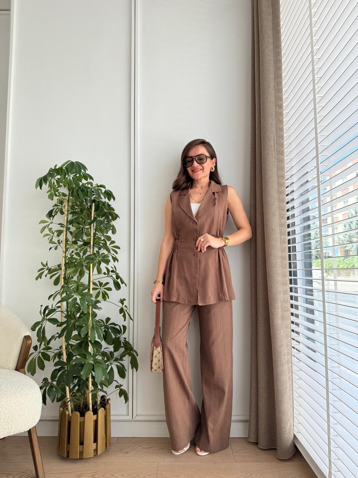 Kahve rengi Bel Lastikli Keten Yelek Pantolon Takım 8704