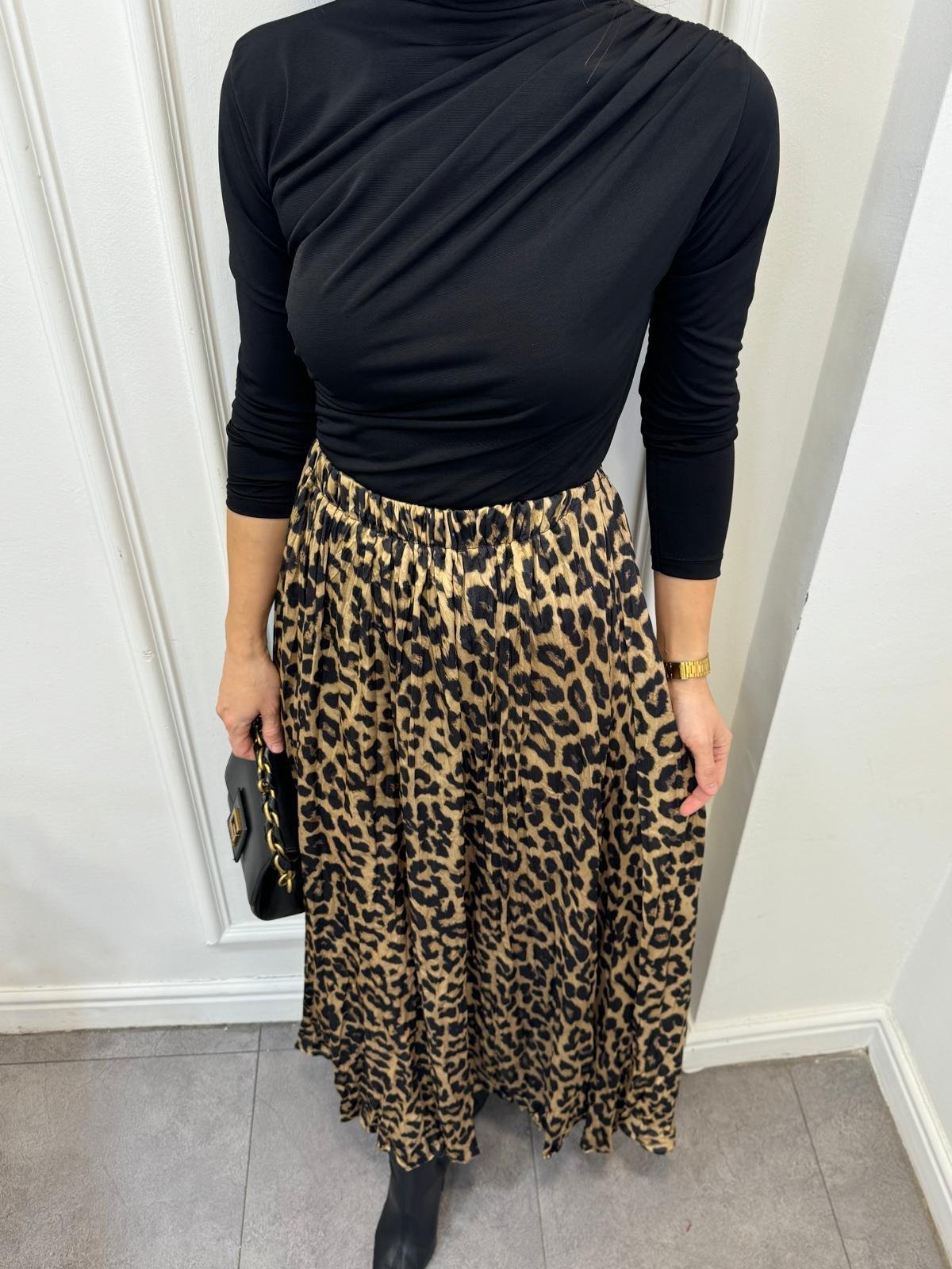 Kahve rengi Bel Lastikli Leopar Etek 3237