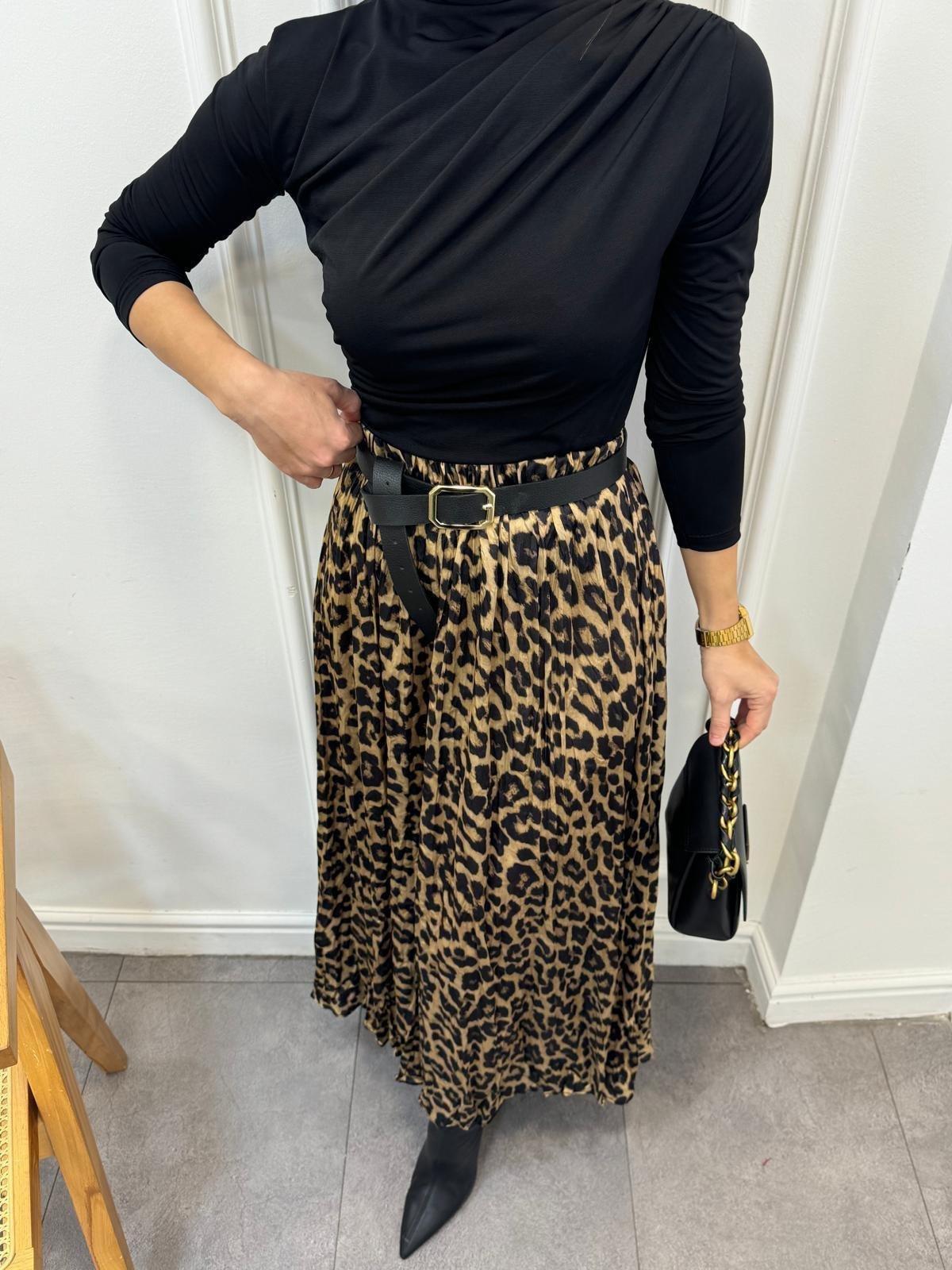 Kahve rengi Bel Lastikli Leopar Etek 3237