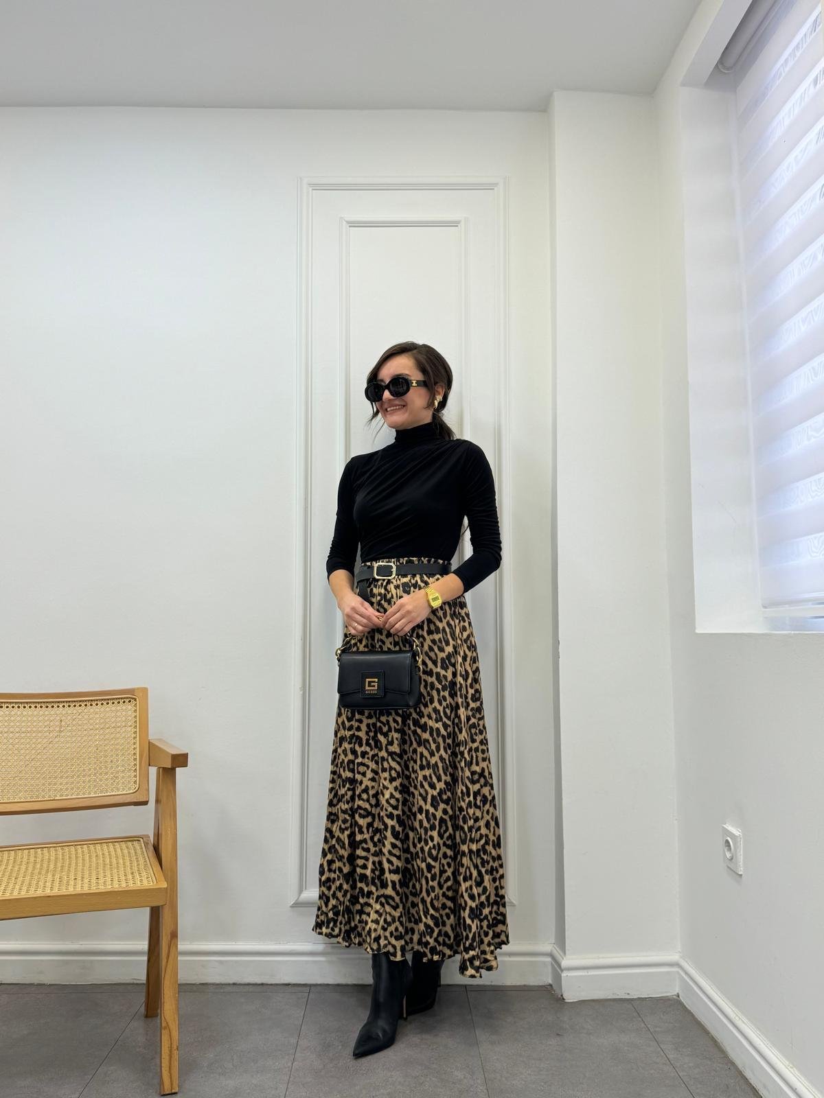 Kahve rengi Bel Lastikli Leopar Etek 3237
