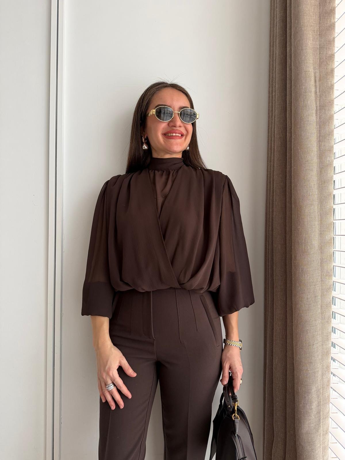 Kahve rengi Bel Lastikli Tasarım Şifon Bluz 31348