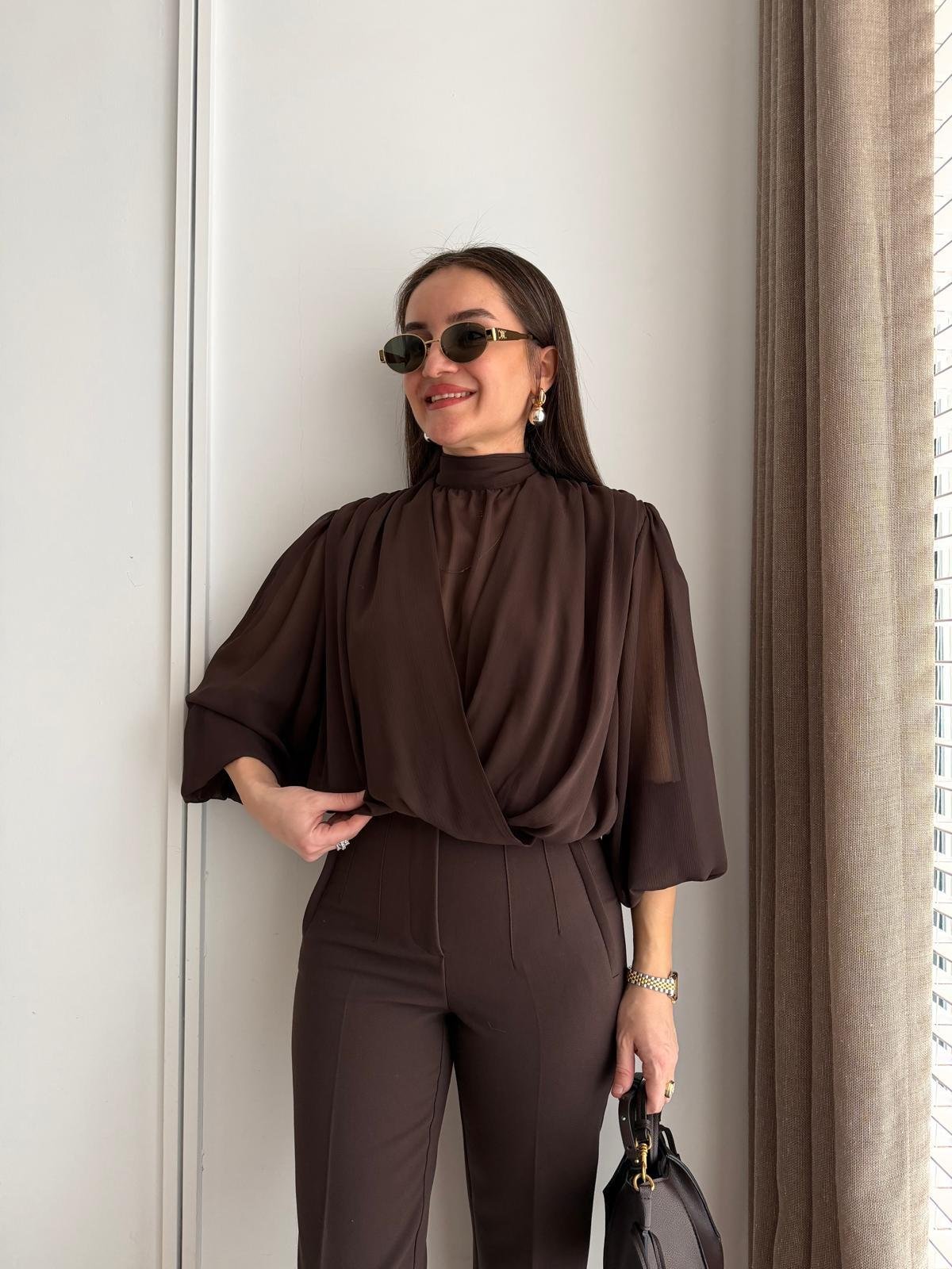 Kahve rengi Bel Lastikli Tasarım Şifon Bluz 31348