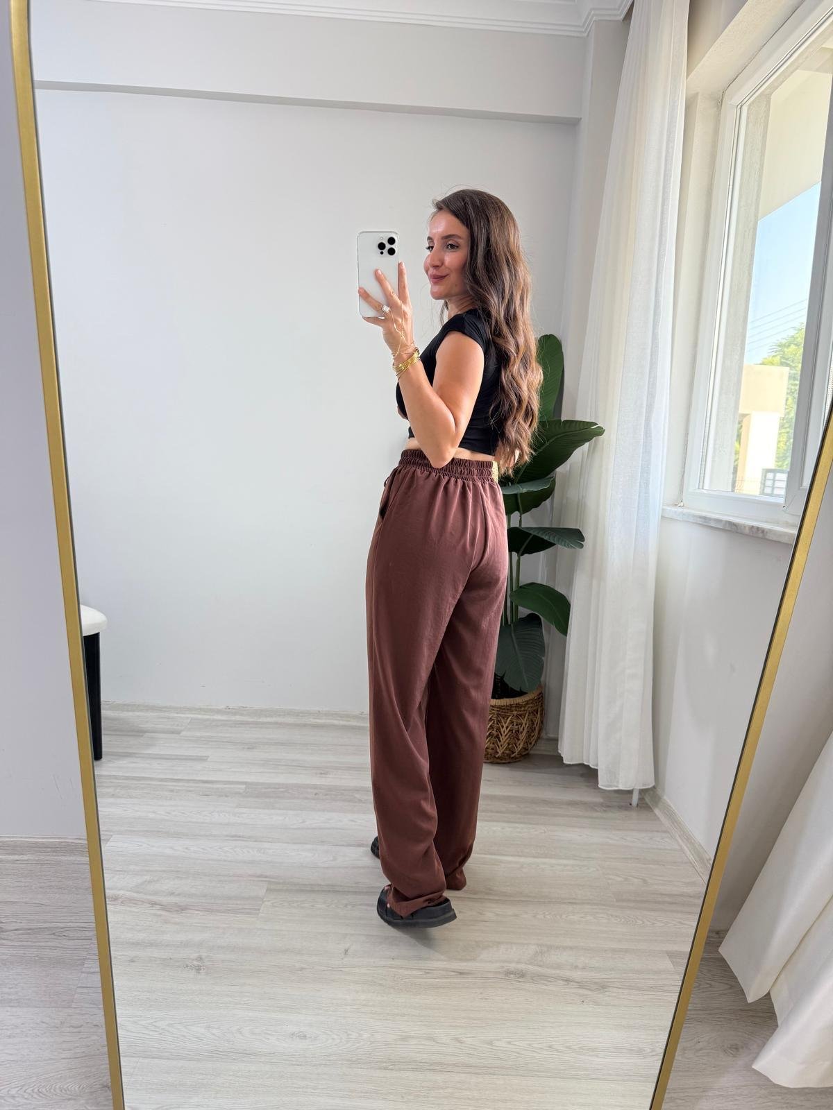 Kahve rengi Bel Lastikli Tensel Palazzo Pantolon 3280