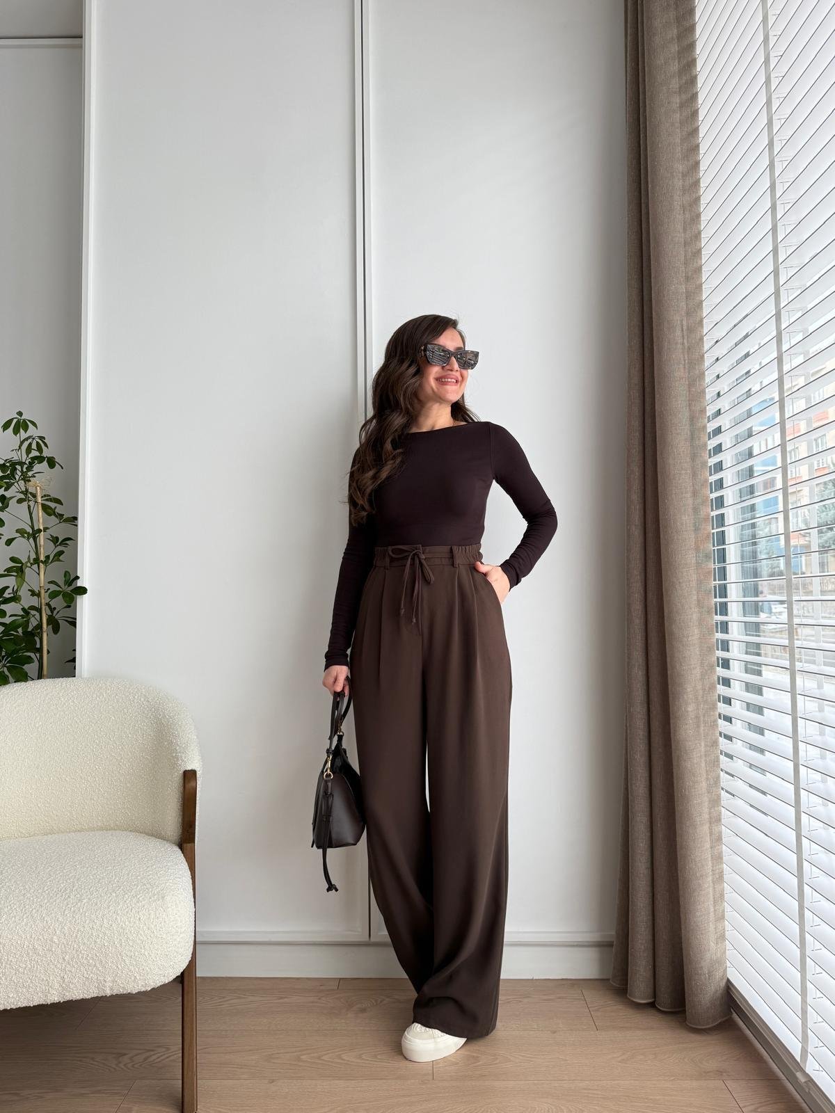 Kahve rengi Bel Lastikli Yüksek Bel Palazzo Pantolon 3709