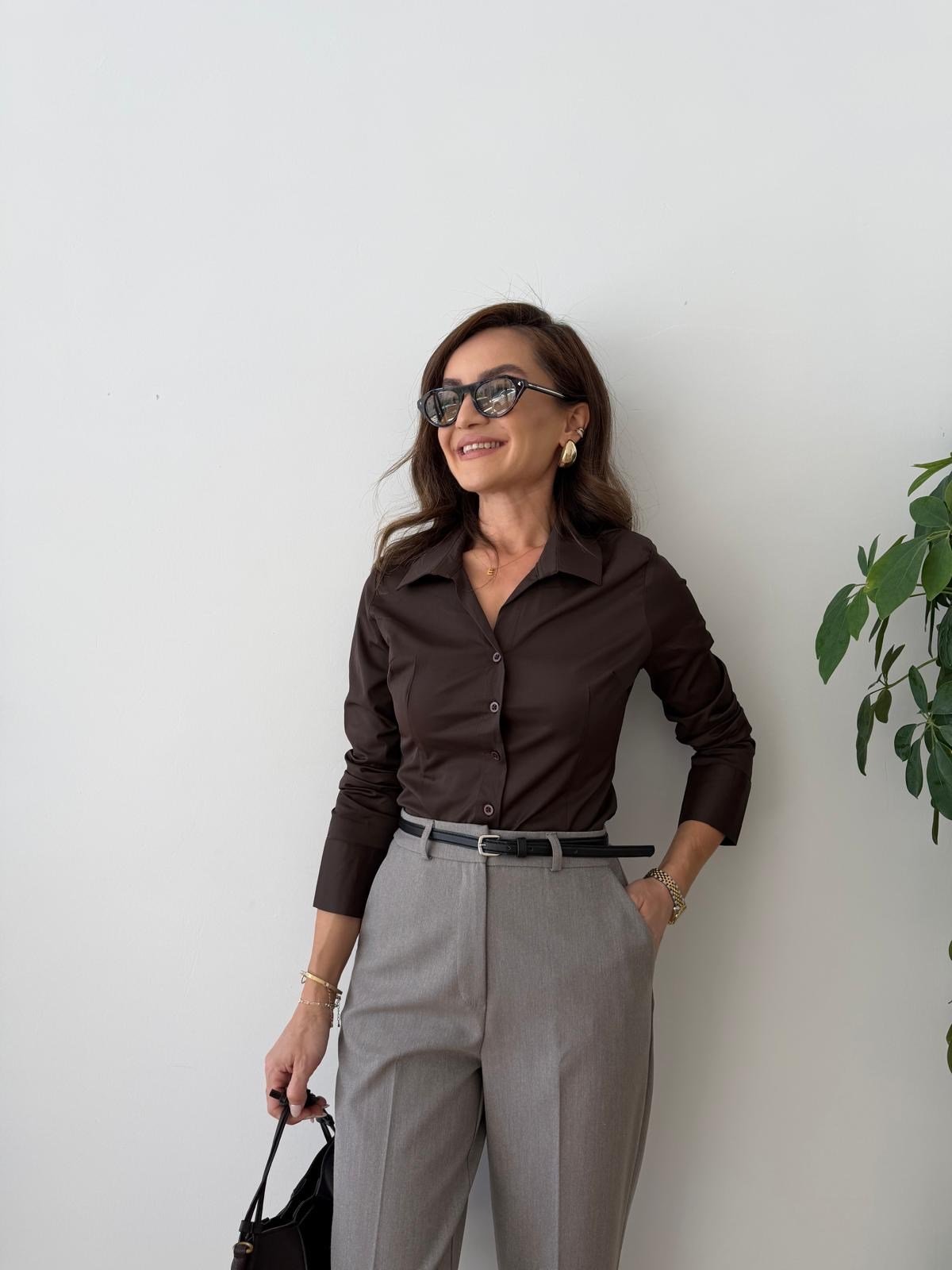 Kahve rengi Belden Oturtmalı Gömlek 6676