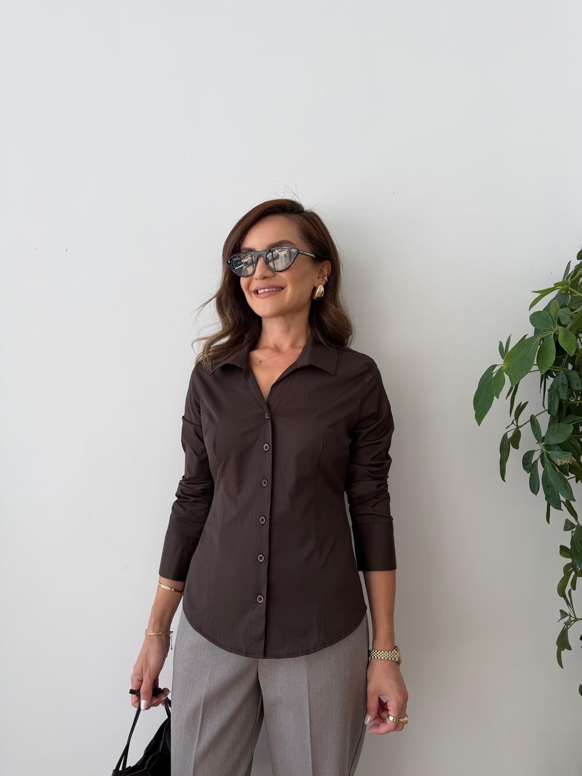 Kahve rengi Belden Oturtmalı Gömlek 6676