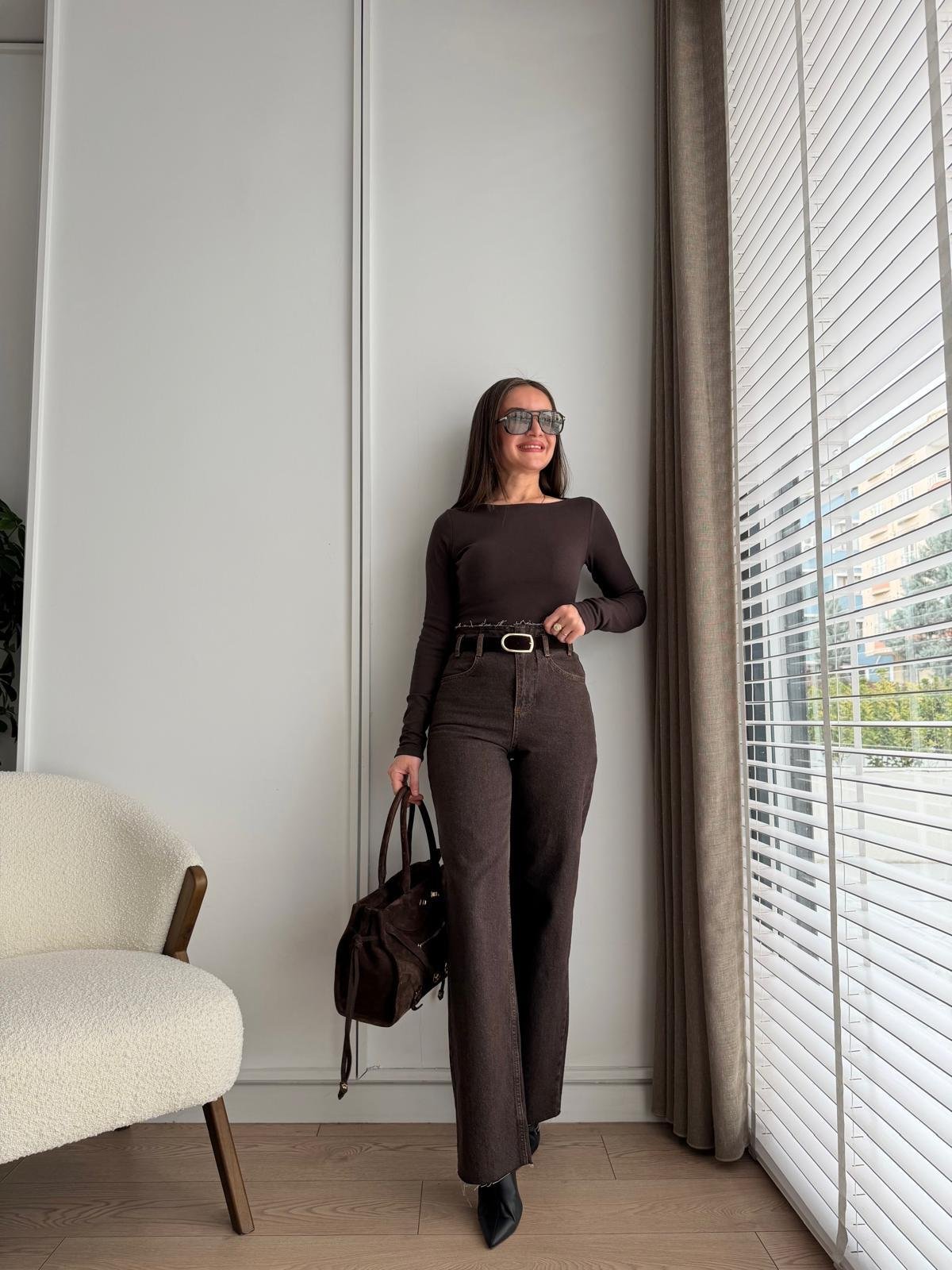 Kahve rengi Beli Dikişsiz Kemerli Jean 25400