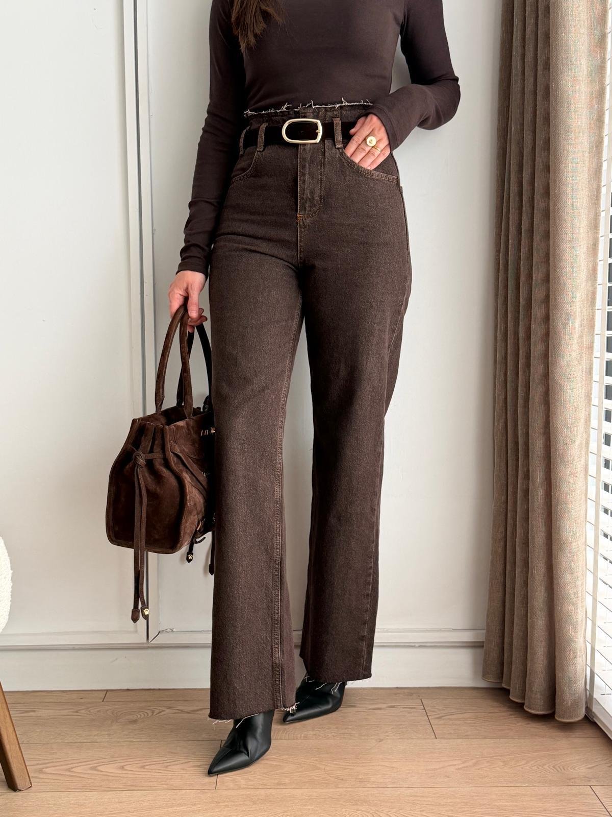 Kahve rengi Beli Dikişsiz Kemerli Jean 25400