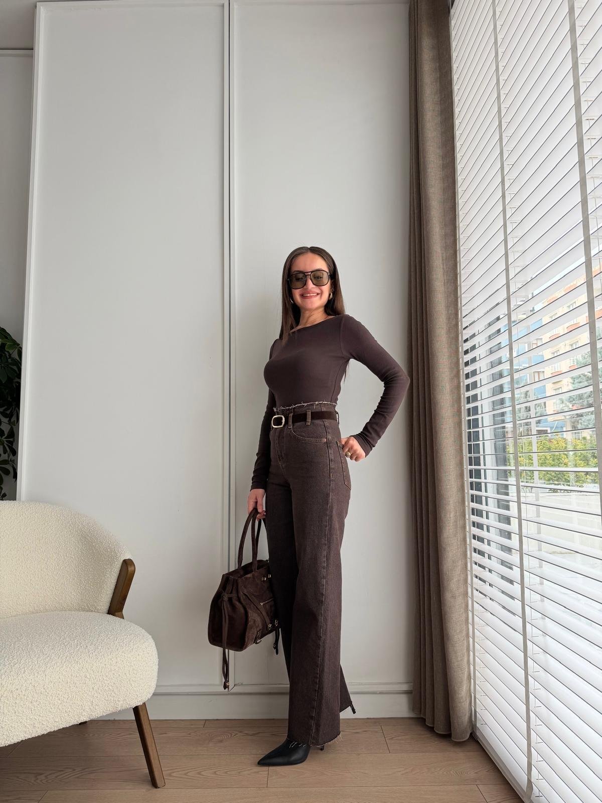 Kahve rengi Beli Dikişsiz Kemerli Jean 25400