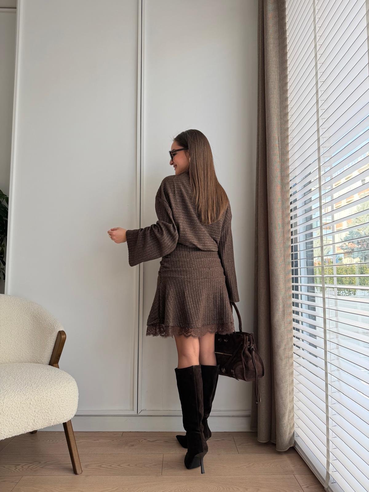 Kahve rengi Beli Drapeli Dantel Detaylı Elbise 35527